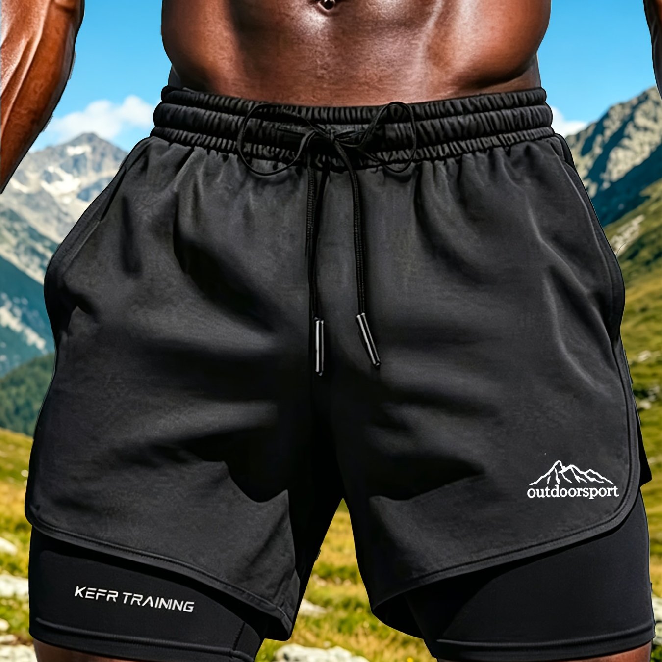TEMU Men's High-stretch 2-in-1 Sports Shorts, Printed With "outdoor Sports" Pattern, Quick-drying Breathable Training Shorts With Liner Suitable For