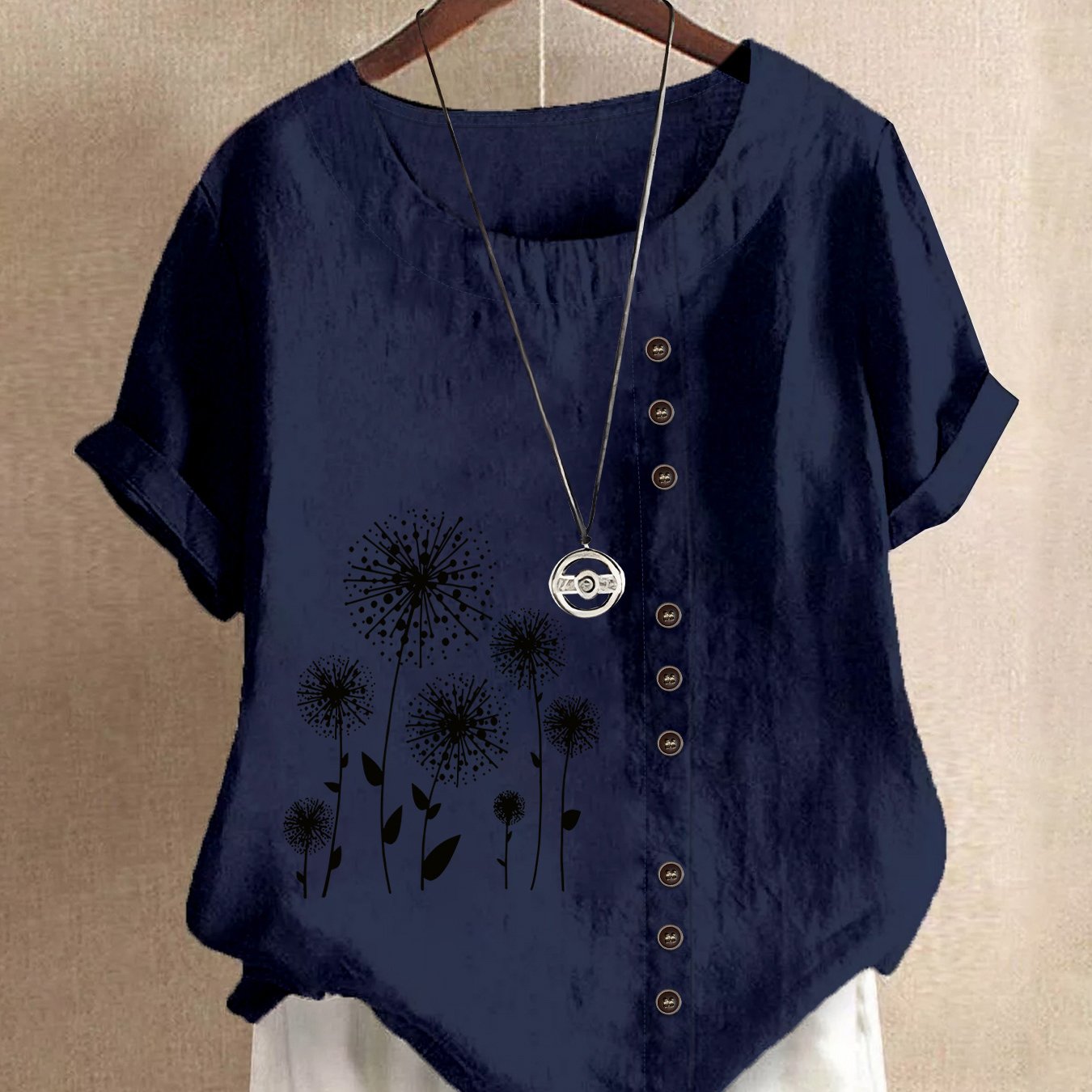 TEMU Western Women's Fashion Loose Comfortable Button-neck Round Neck Spring/autumn Printed Women's Short Sleeve Shirt, One-piece Western Button-up