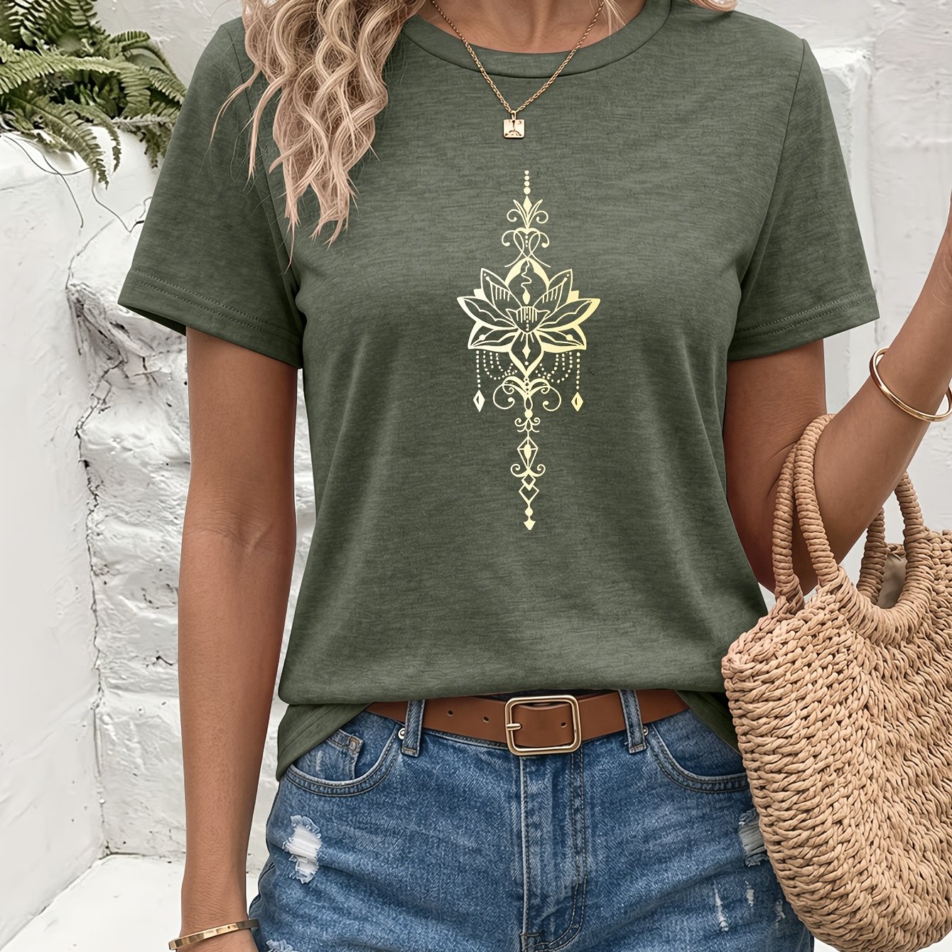 TEMU Lotus Mandala Pattern Printed Crew Neck T-shirt, Soft And Comfortable, Summer Round Neck Fashion Tee, Casual