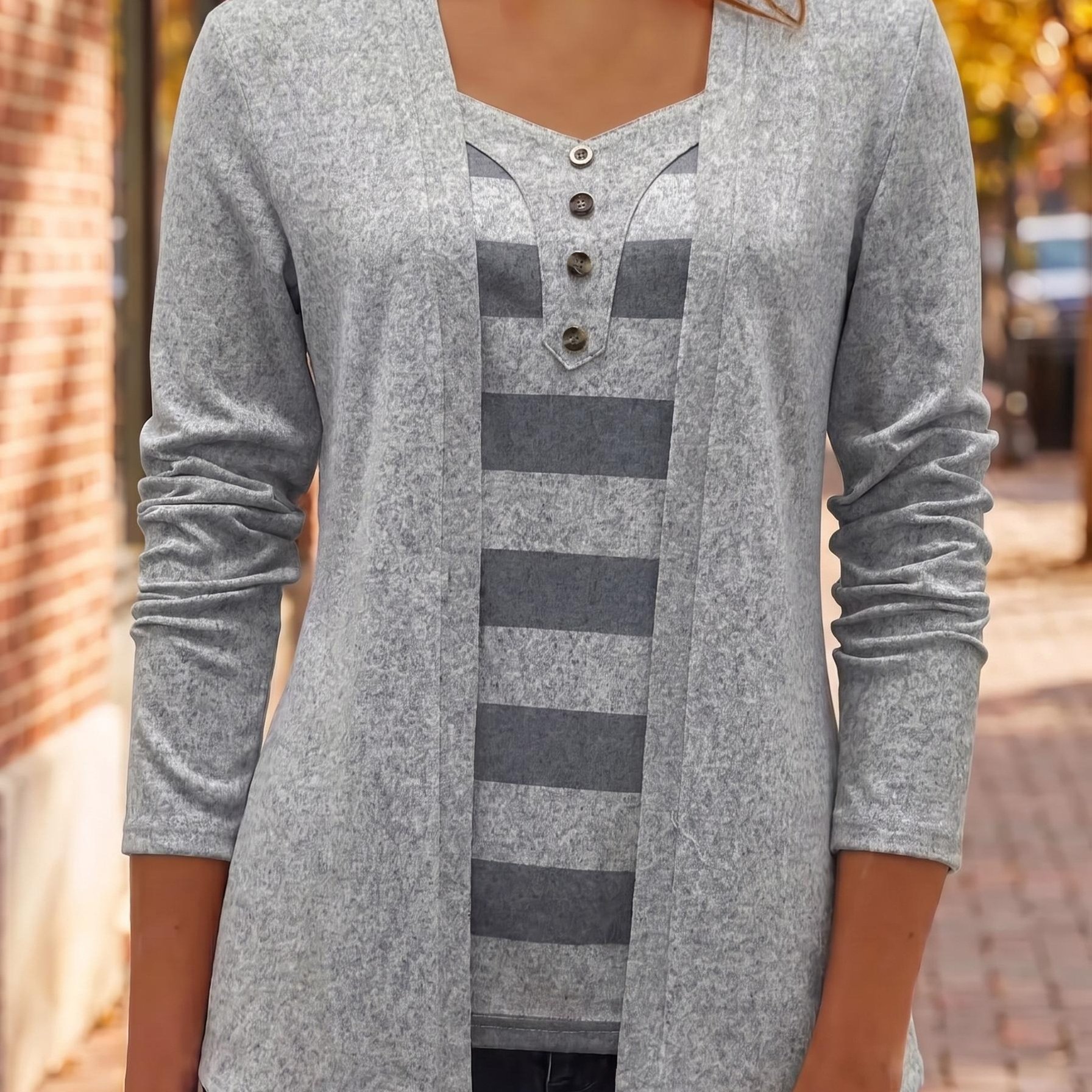 TEMU Women's Fashionable Casual Comfortable Simple Pullover Striped Contrast Color V-neck Decorative Button Long Sleeve Women's 2-in-1 Look Long Top