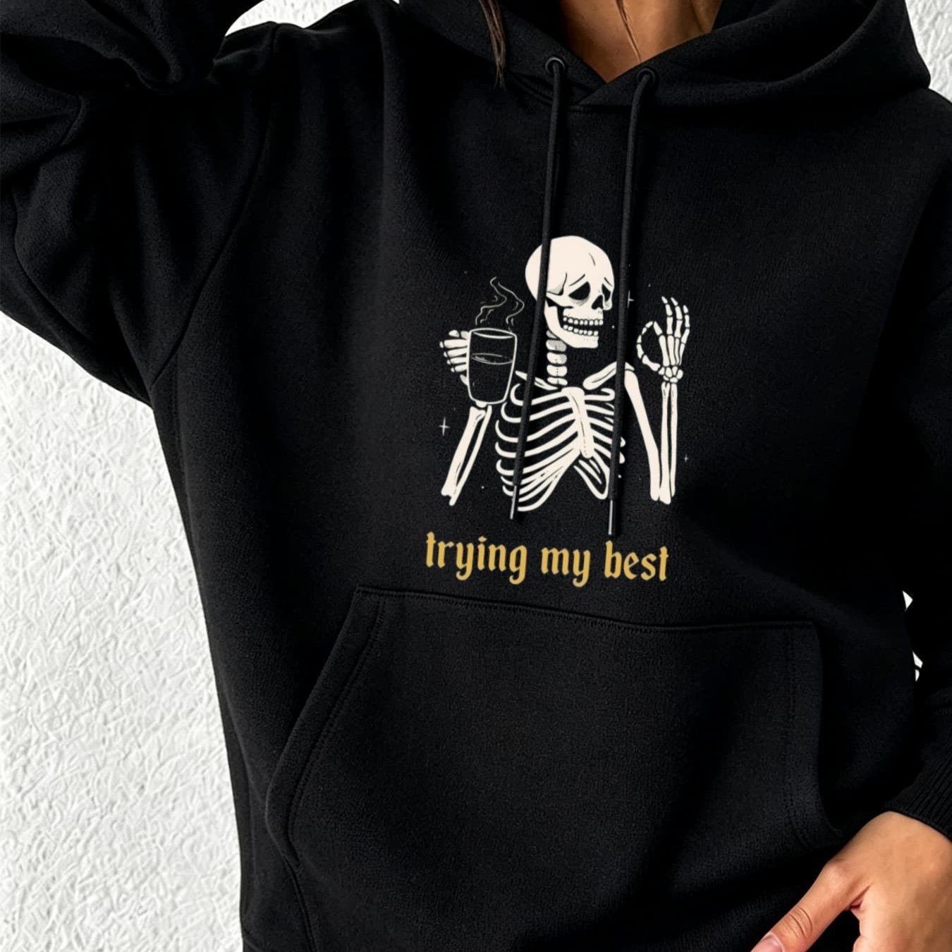 Image of Autumn Winter New Hoodie For Women Loose Fit Pullover With Skull Print And "trying " Text, Warm Comfortable Streetwear For Casual Daily Wear, Fashion Sports Style