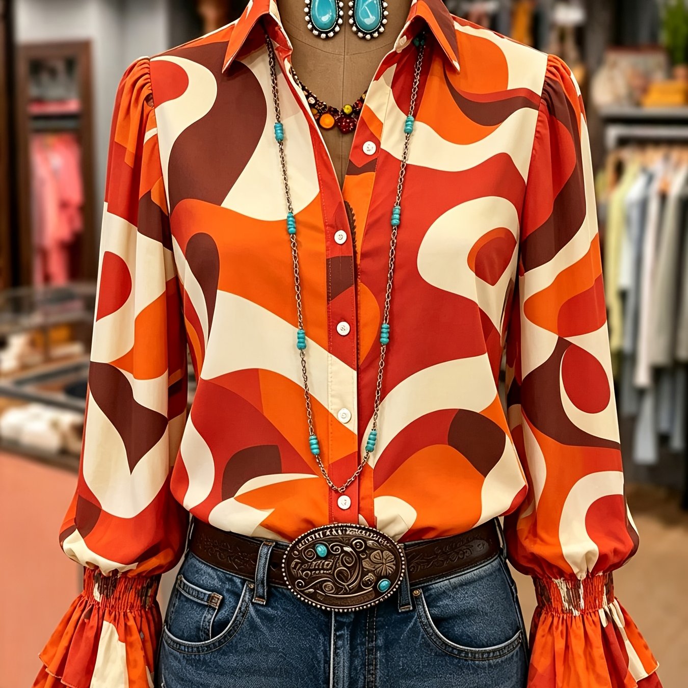 TEMU Chemisier Blouse Rétro Vintage Années 70 pour Femme - Imprimé Tourbillon Marron Crème, Haut à Col Boutonné avec Manches Cloche Évasées, Blouse à