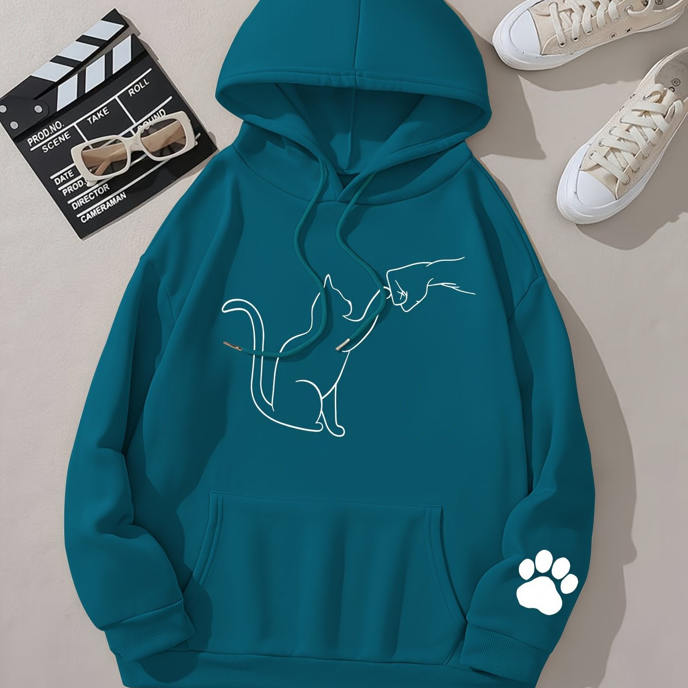 TEMU レディース 秋冬用 暖かい 子猫のフィストバンプ柄 プリントスウェットシャツ
