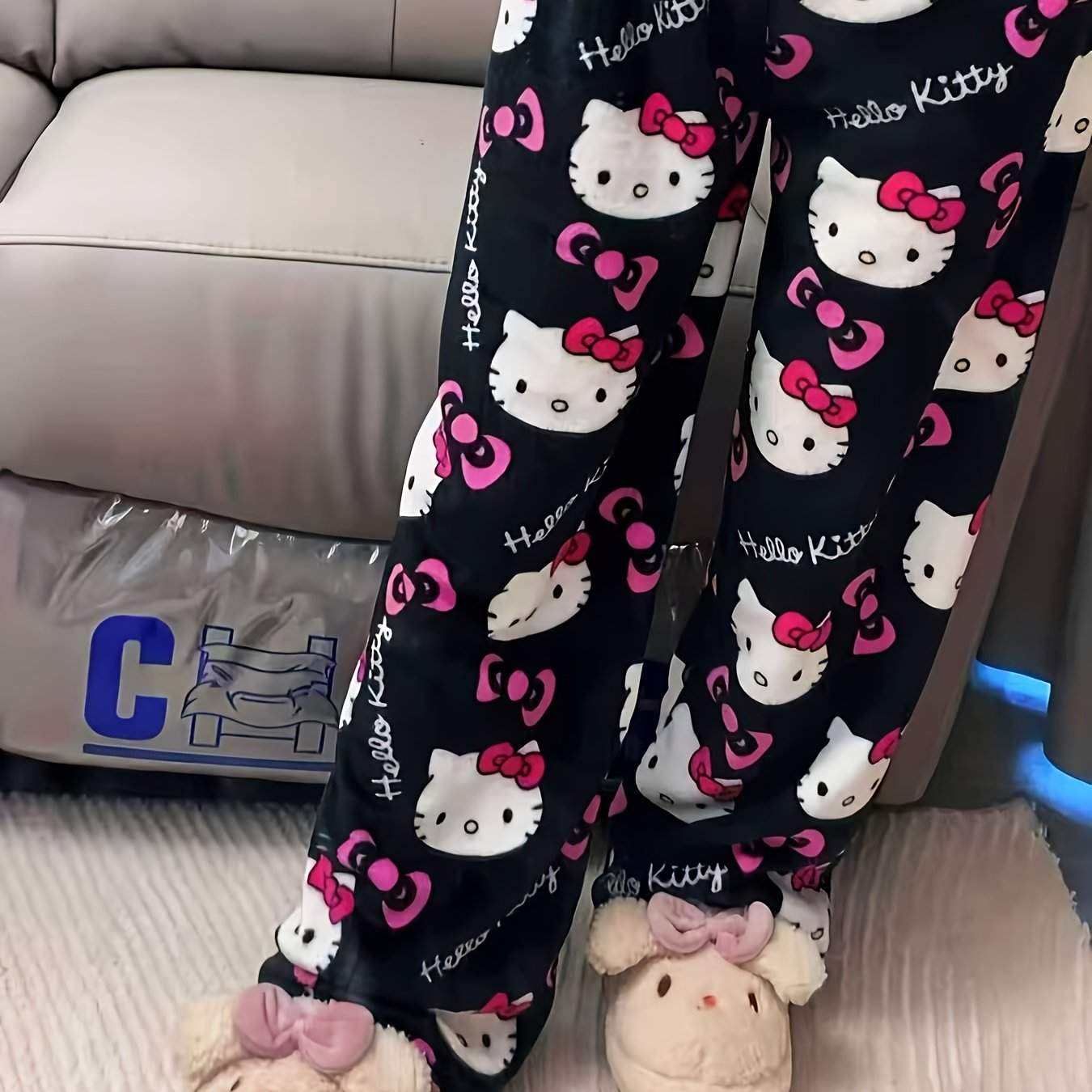 Image of Official Hello Kitty Coral Pajama Pants Unisex (black/pink), Matching Couple & Bff Loungewear, Soft Warm Plush For Home And Outdoor