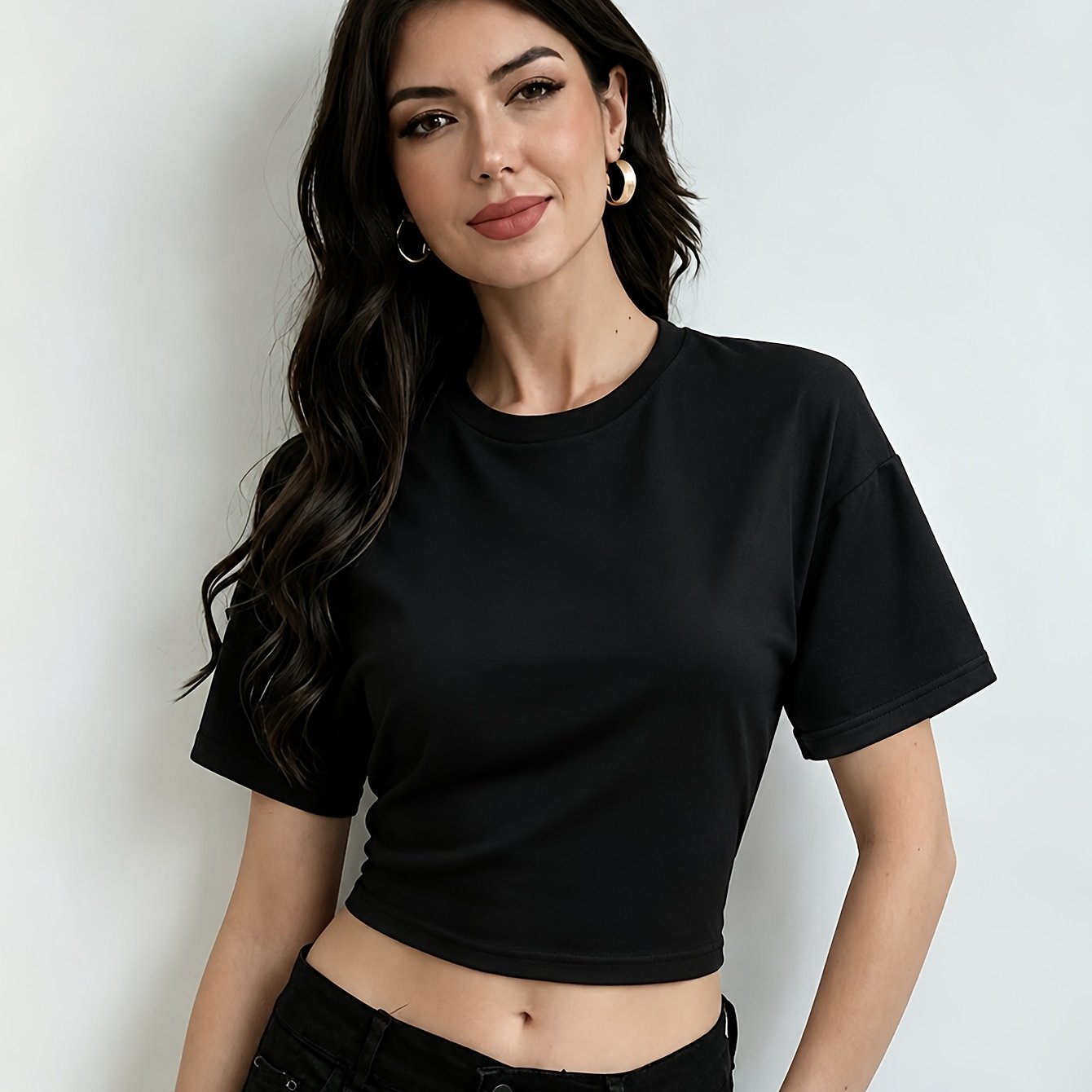 TEMU Round Neck Solid Color Regular Shoulder Short Sleeve T-shirt Women's Slim Fit Versatile Top