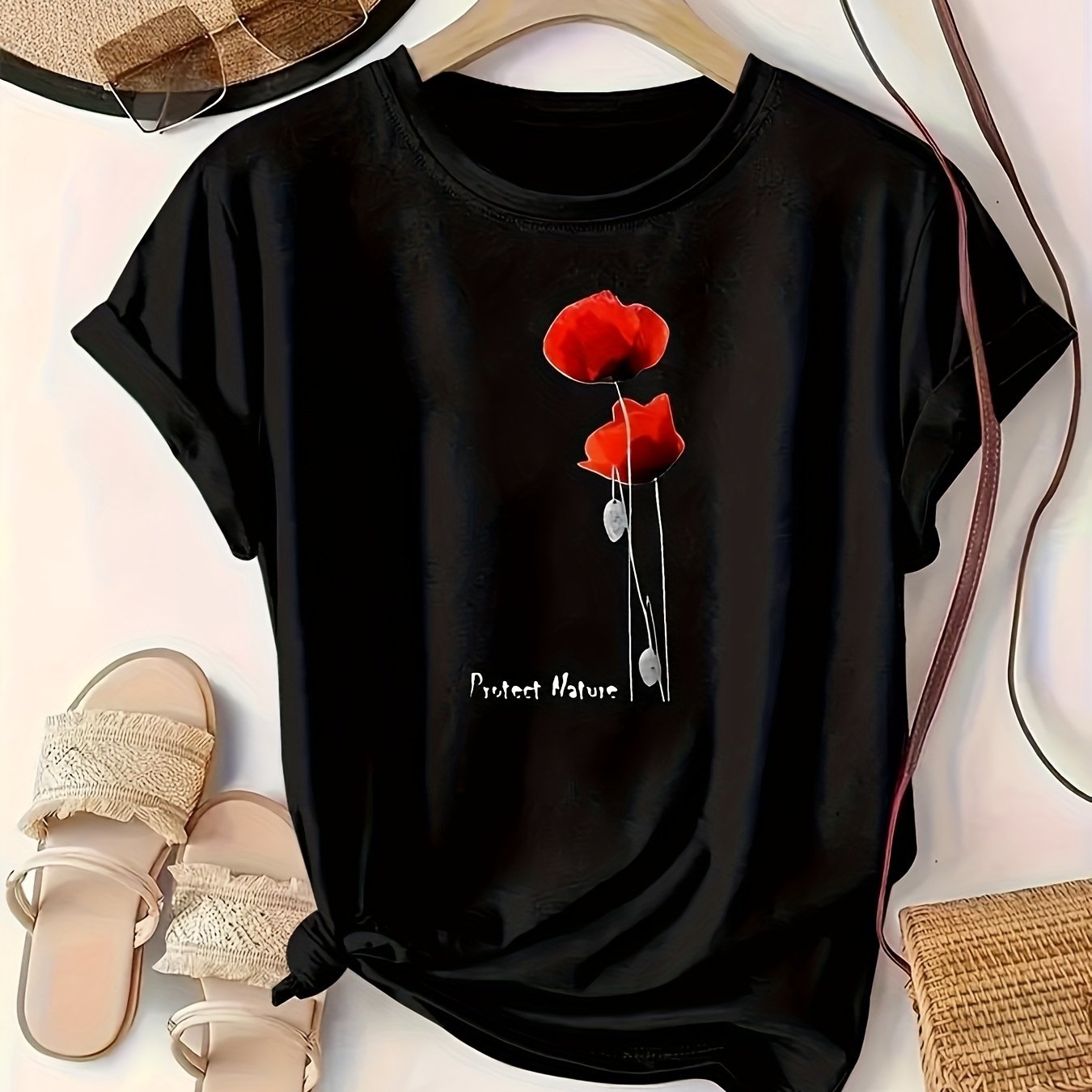 Plus Size, Women's Casual Short-sleeve T-shirt With Floral Pattern Print