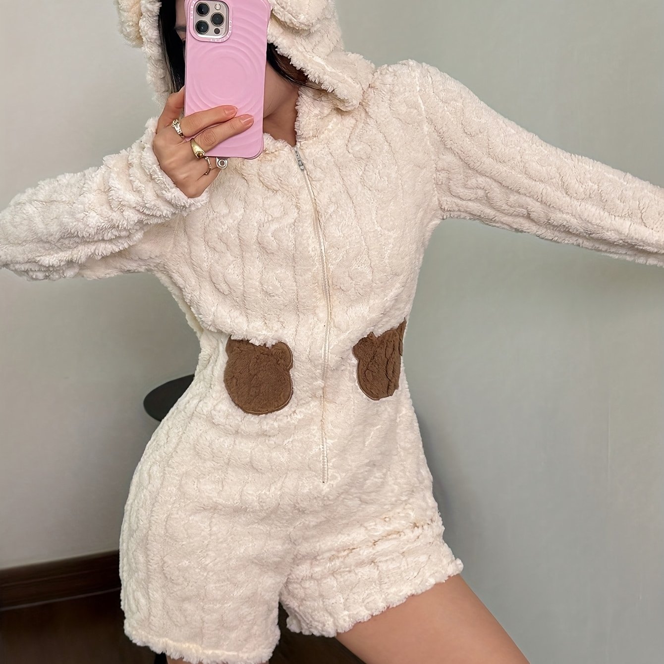 TEMU '/women's Winter Warm Bear Hooded One-piece Pajamas - Full Body Sleepwear With Zipper Closure, Short Shorts Nightgown, Cozy For & For Cold