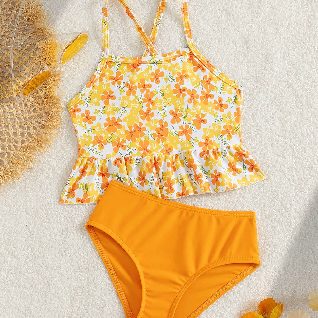 TEMU Entzückendes gelb-oranges Blumenmuster-Badeanzug-Set mit hochelastischem, einfarbigem Teil für Mädchen