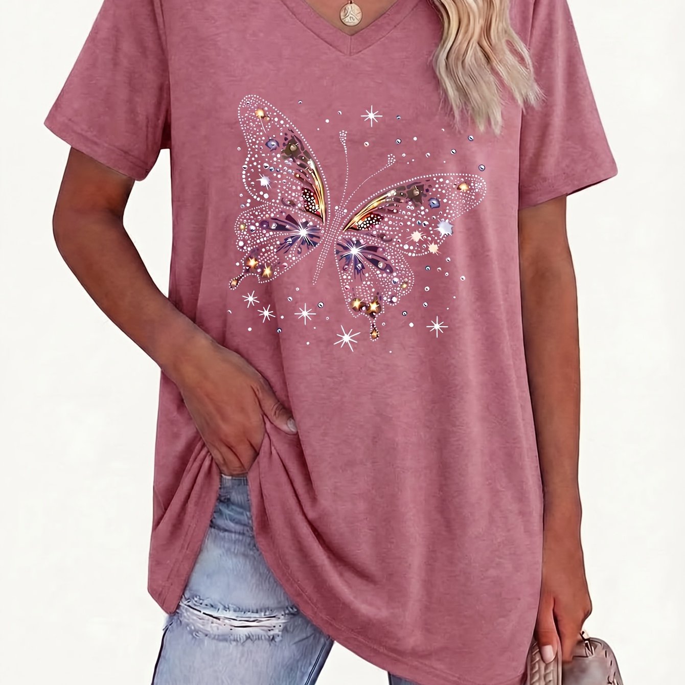 TEMU Plus Size, Plus Size Women's V-neck Geometric Pattern T-shirt