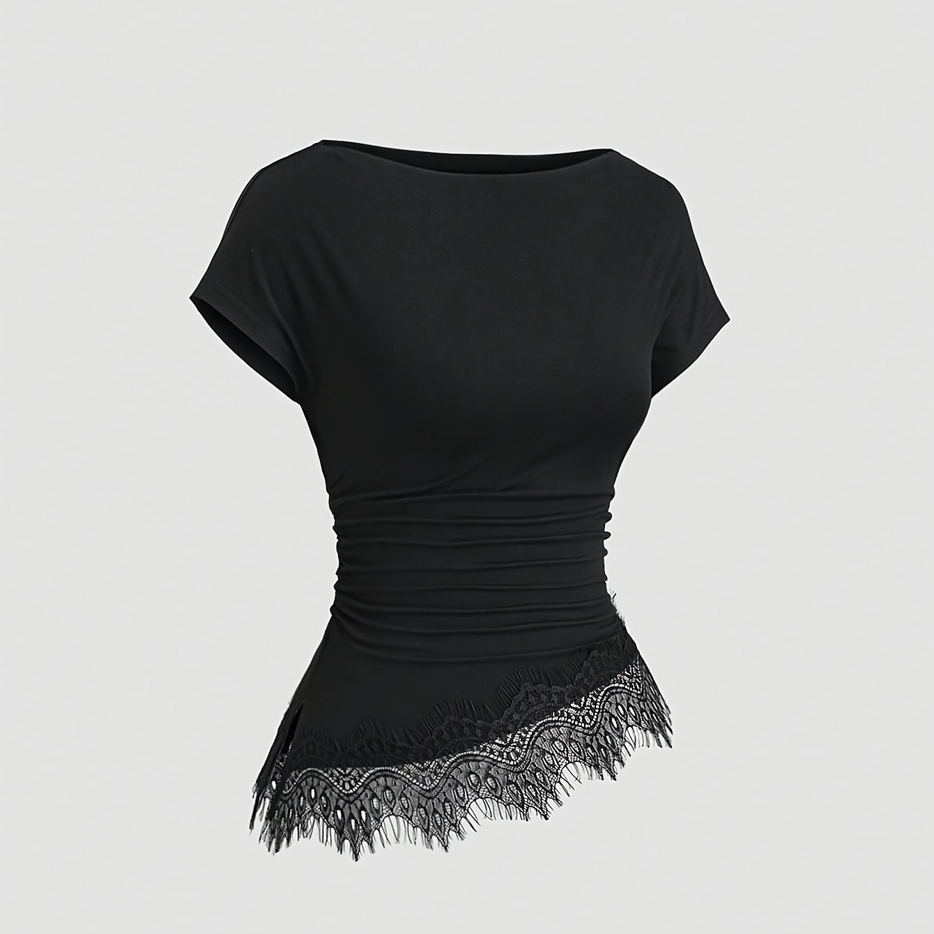 TEMU Y2k Casual Pleated Asymmetric Hem Color-block Lace Top