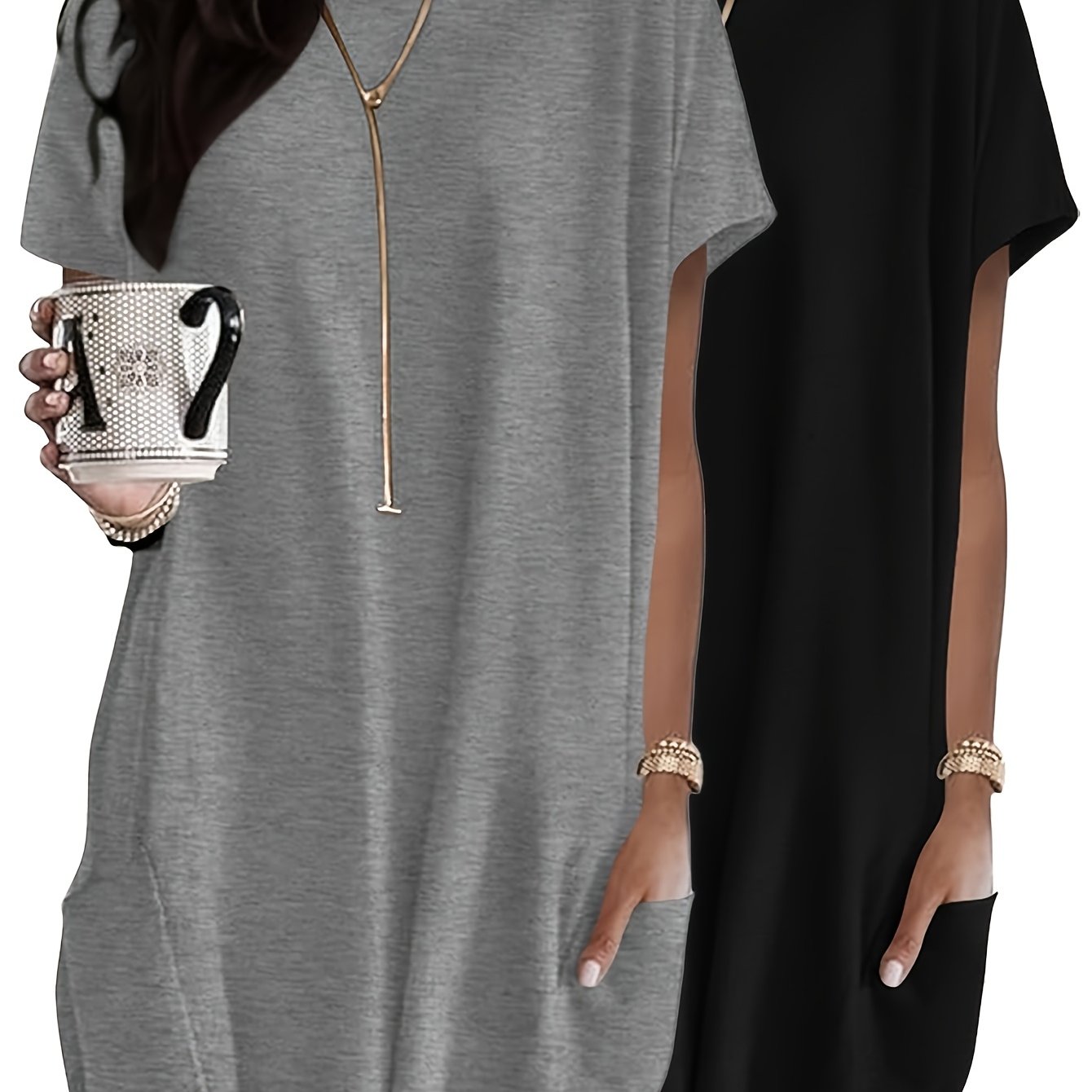 E-shop Damenmode Top und lässiges, locker geschnittenes Shirt 2-teiliges Set mit , elegantes, bequemes Kurzarm-Rundhals-Langarm-T-Shirt