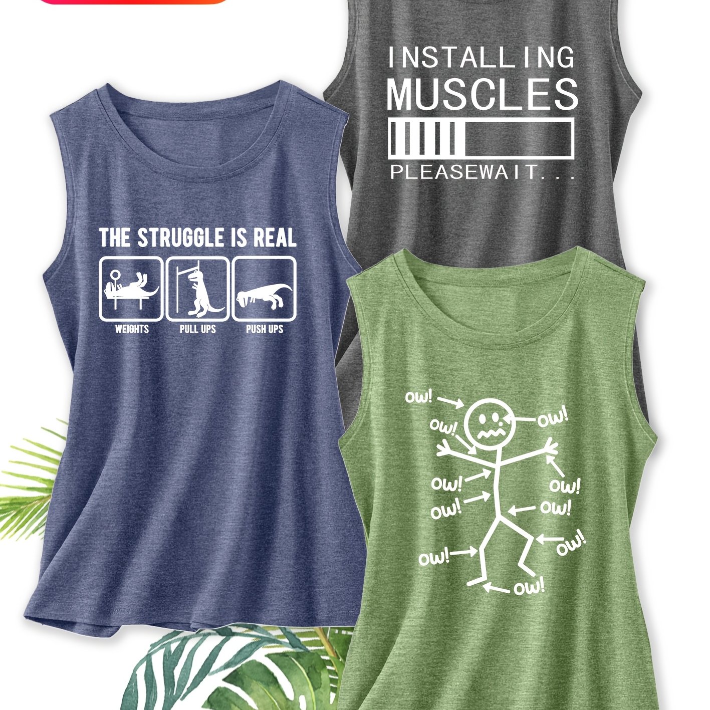 TEMU Three-pack Women's Elegant Tank Tops - Fitness Humor Print Round Neck Vests For Spring/summer, Fashionable Vacation Daily Versatile Casual