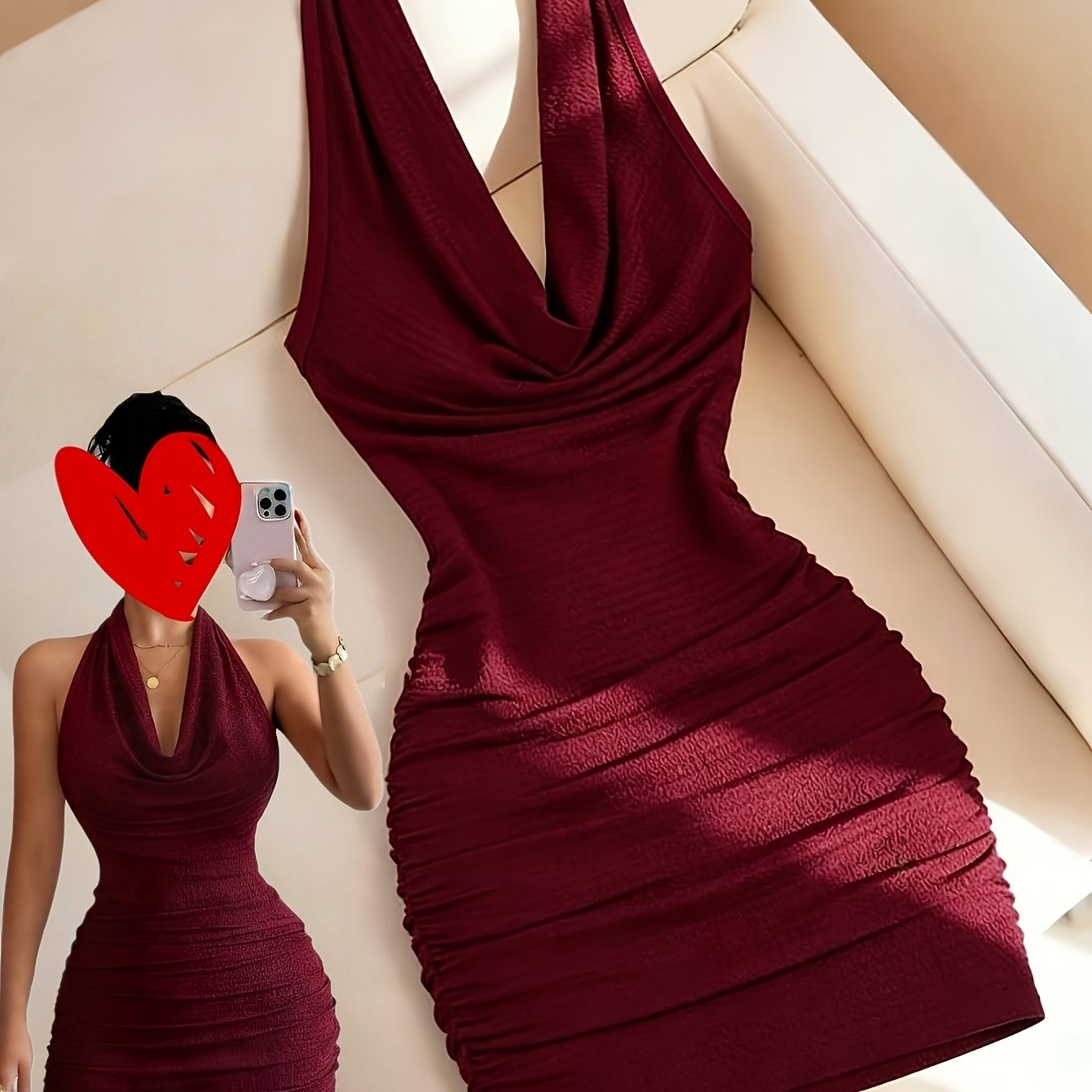 TEMU New Women's Fashionable And Versatile Solid Color Summer Elegant Pleated Backless Draped Neck Pleated Slim Fit Dress