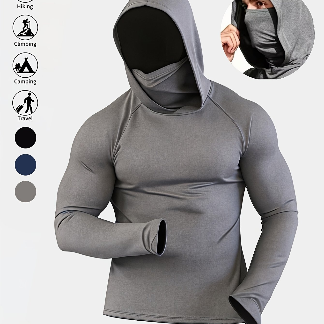 TEMU Men's Hooded Face Mask Comfortable Long-sleeve Sport Shirt, Men's Lightweight Breathable Outdoor Fishing Shirt, Men's Comfortable And Versatile