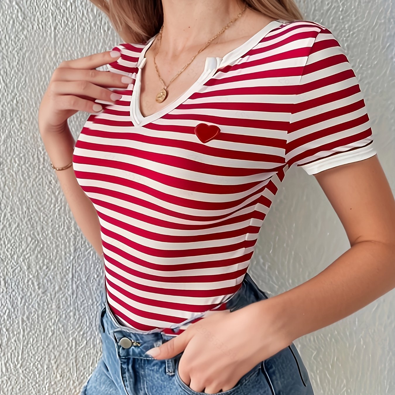 Striped Print Heart Patched Detail Tee