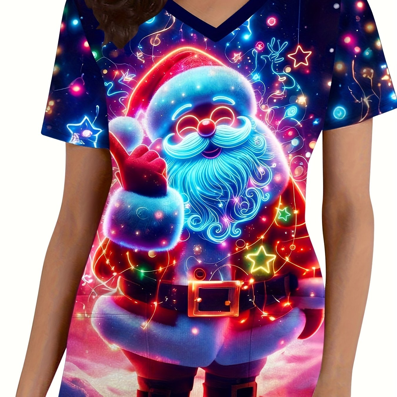 TEMU Plus Size, Women's Cute Santa Claus Print V-neck Pocket Short Sleeve Top - Adorable Santa Design, Shimmering Glitter Background, Winter Colors,