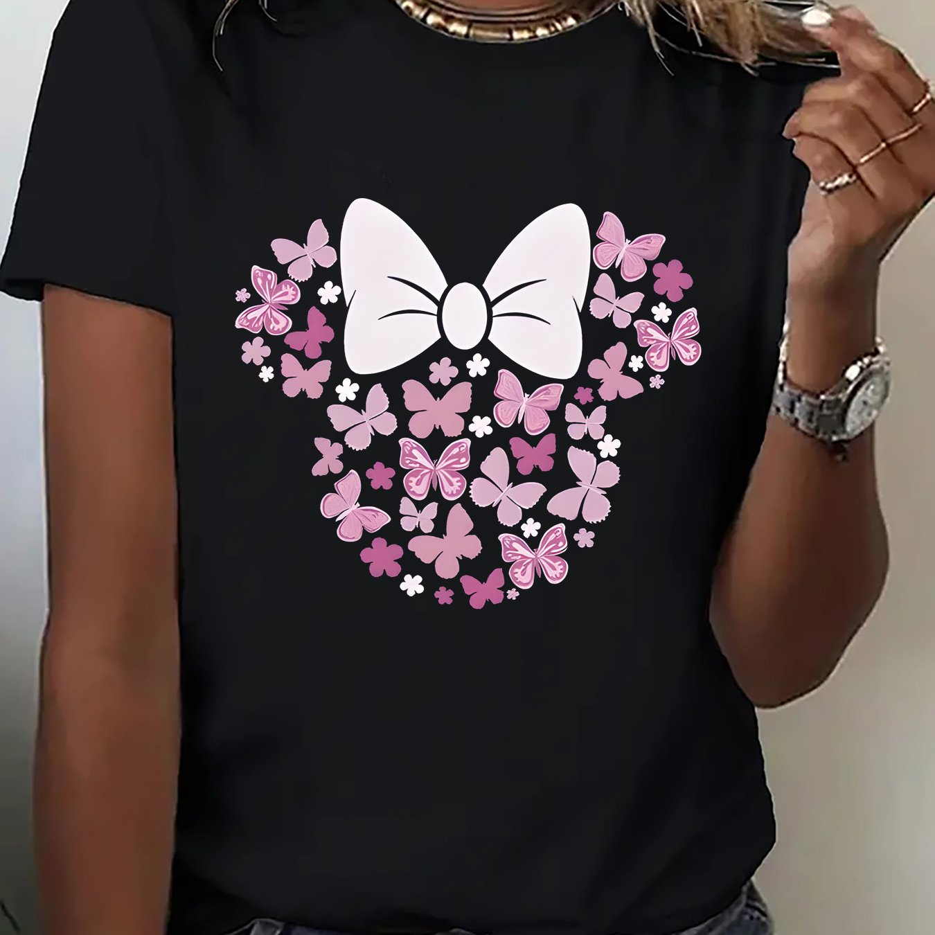 TEMU 1 pieza de camiseta de manga corta con estampado divertido, floral de mariposas y , blusa de camiseta de manga corta casual de moda para mujer,