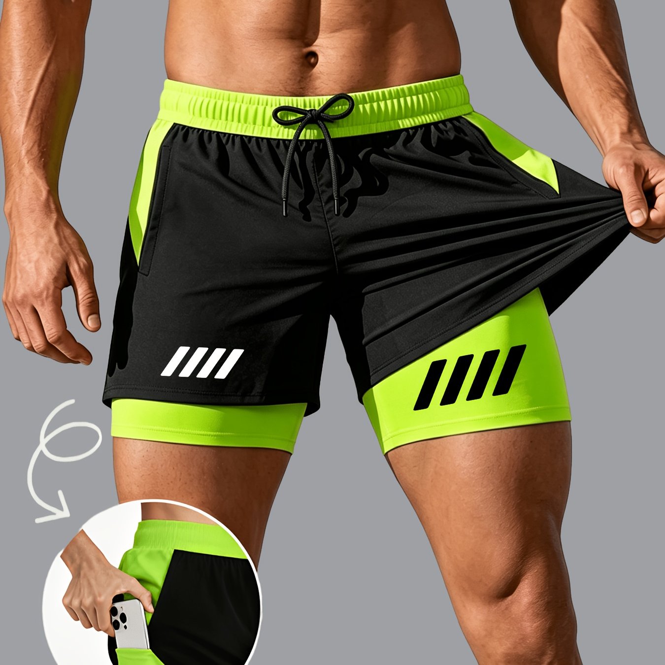 TEMU Men's Athletic Double-layer Shorts, Breathable Quick- Shorts - Drawstring Waistband With Pockets, Lightweight And Comfortable, Suitable For