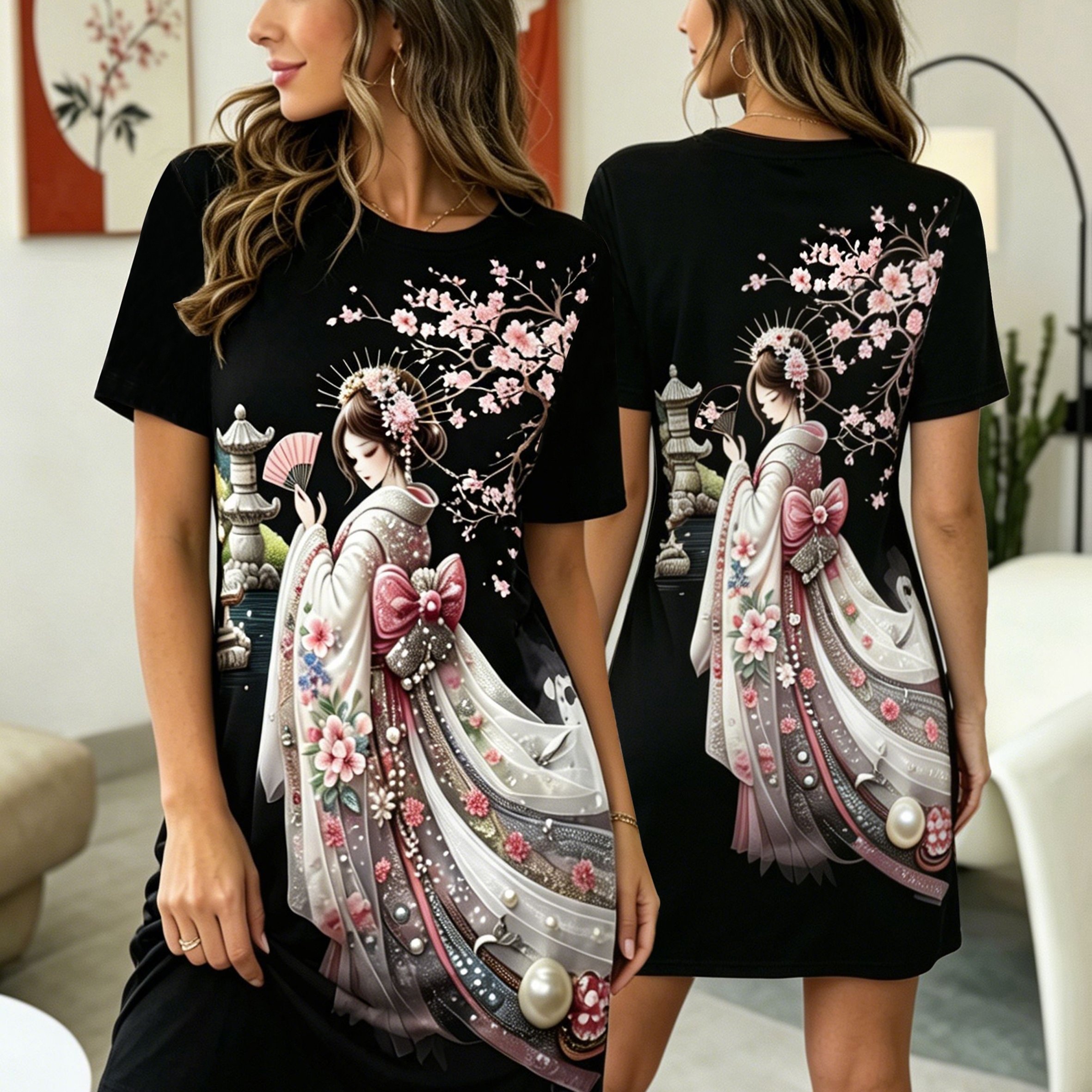 TEMU Women's Black -themed Japanese Cherry Watercolor Print Short Sleeve Dress, Loungewear Nightgown, Machine Washable, Casual Comfortable Summer