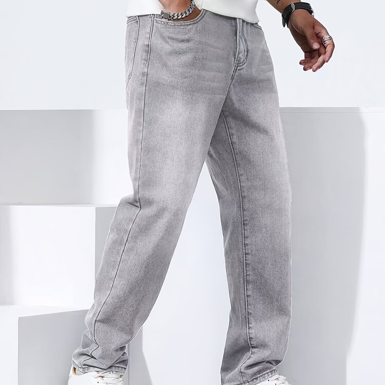 Image of Men's Vintage Wash Modern Casual Jeans, Light Gray Classic Straight-leg Trousers, Elastic Waist, Suitable For Casual And Formal.