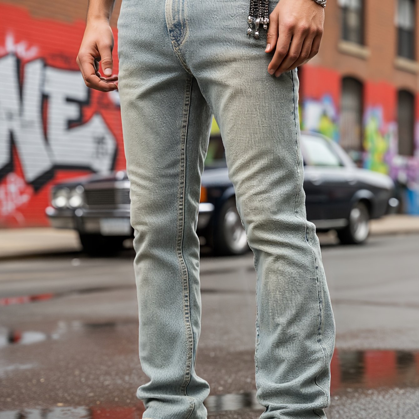 [hme]258 's Vintage Jeans - Retro-washed Stylish And Minimalist For Versatile Occasions Mid-rise Stretch Slim-fit Straight Leg Machine Washable Wear Casual Jeans