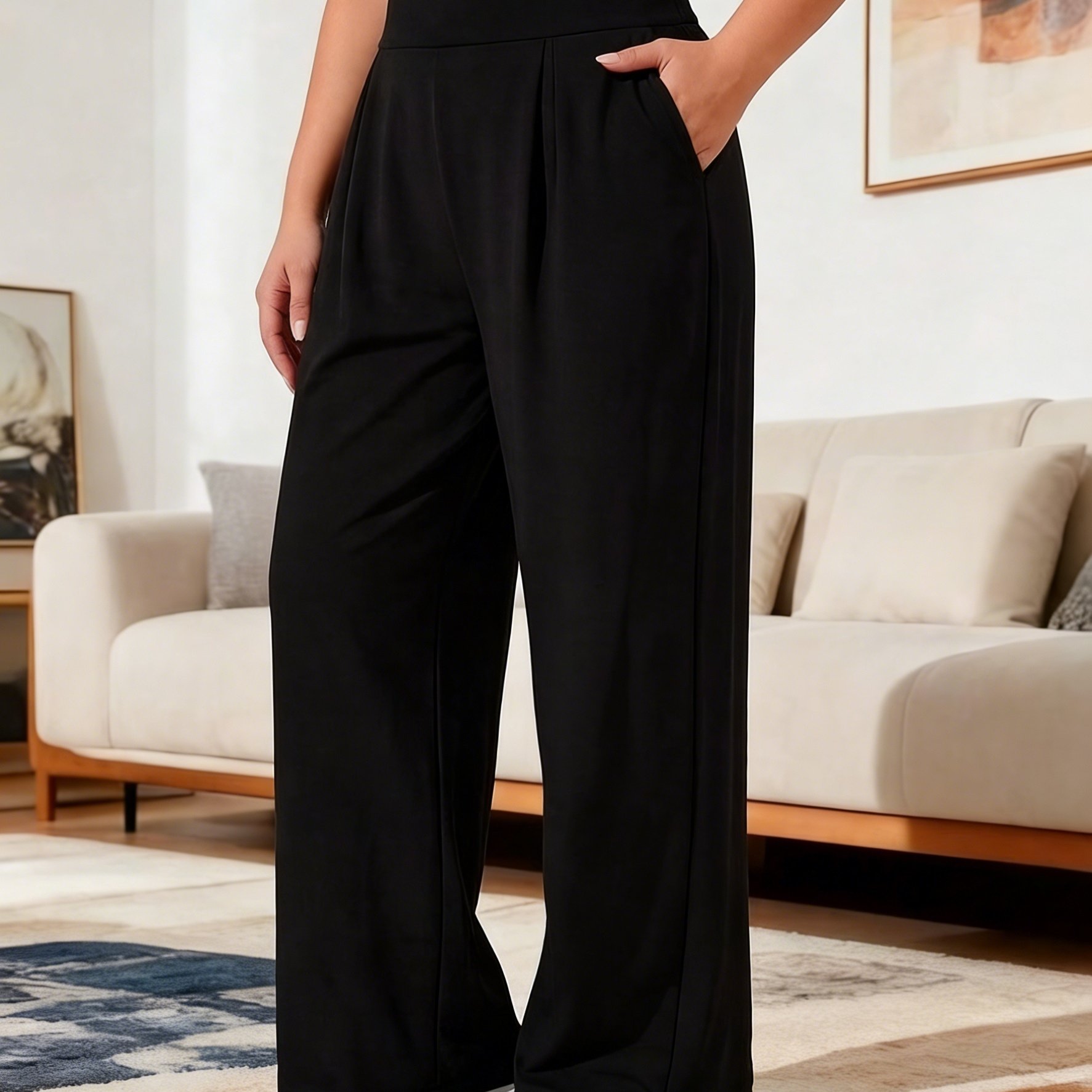 TEMU Plus Size Women' High Waist Wide Leg Yoga Pants - Solid Black Tummy Joggers With Side Pockets, Loose Fit Stretchable Trousers Suitable For Gym,