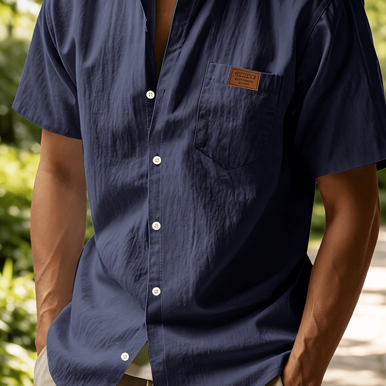 TEMU Men's Hawaiian Style Linen Loose Casual Henry Collar Lapel Casual Short Sleeved Shirt