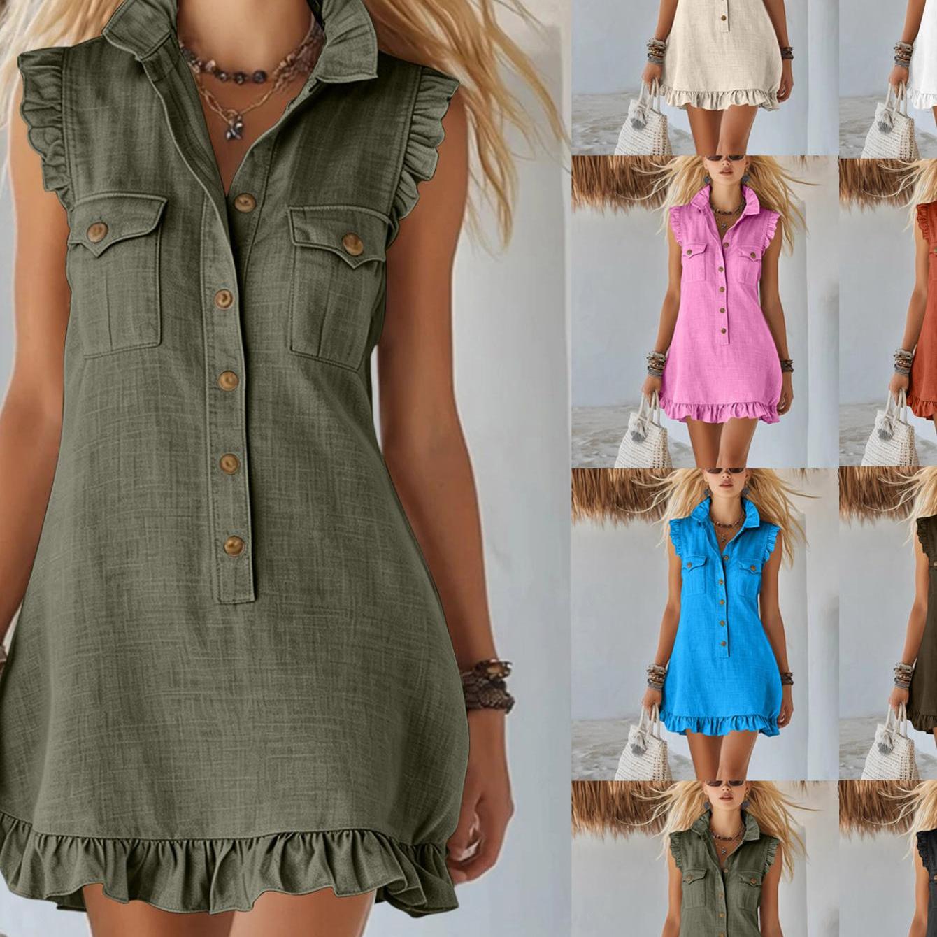 Boho Summer Women's Chest Pocket Linen Shirt Dress, Button Lightweight Flowy Dress With Ruffle Hem, Perfect For Vacation Daily Wear Party, Trendy Elegant Fashion Dresses Apparel For Women