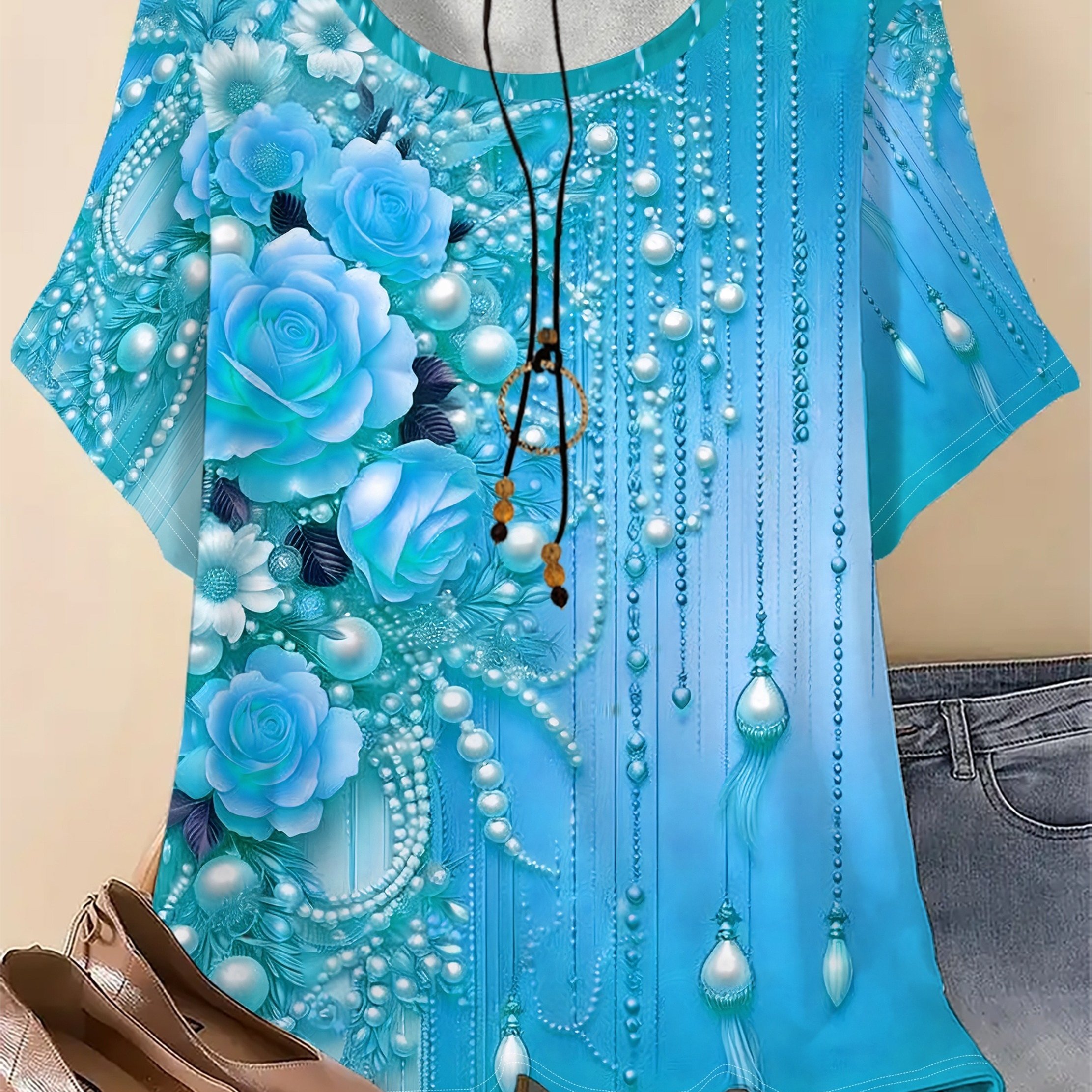 Image of Plus Size, Plus Size Summer Women's Elegant Golden Floral Beaded Round-neck Short-sleeve T-shirt, Shirt, With Beaded Decoration, Soft And Stretchy Fabric