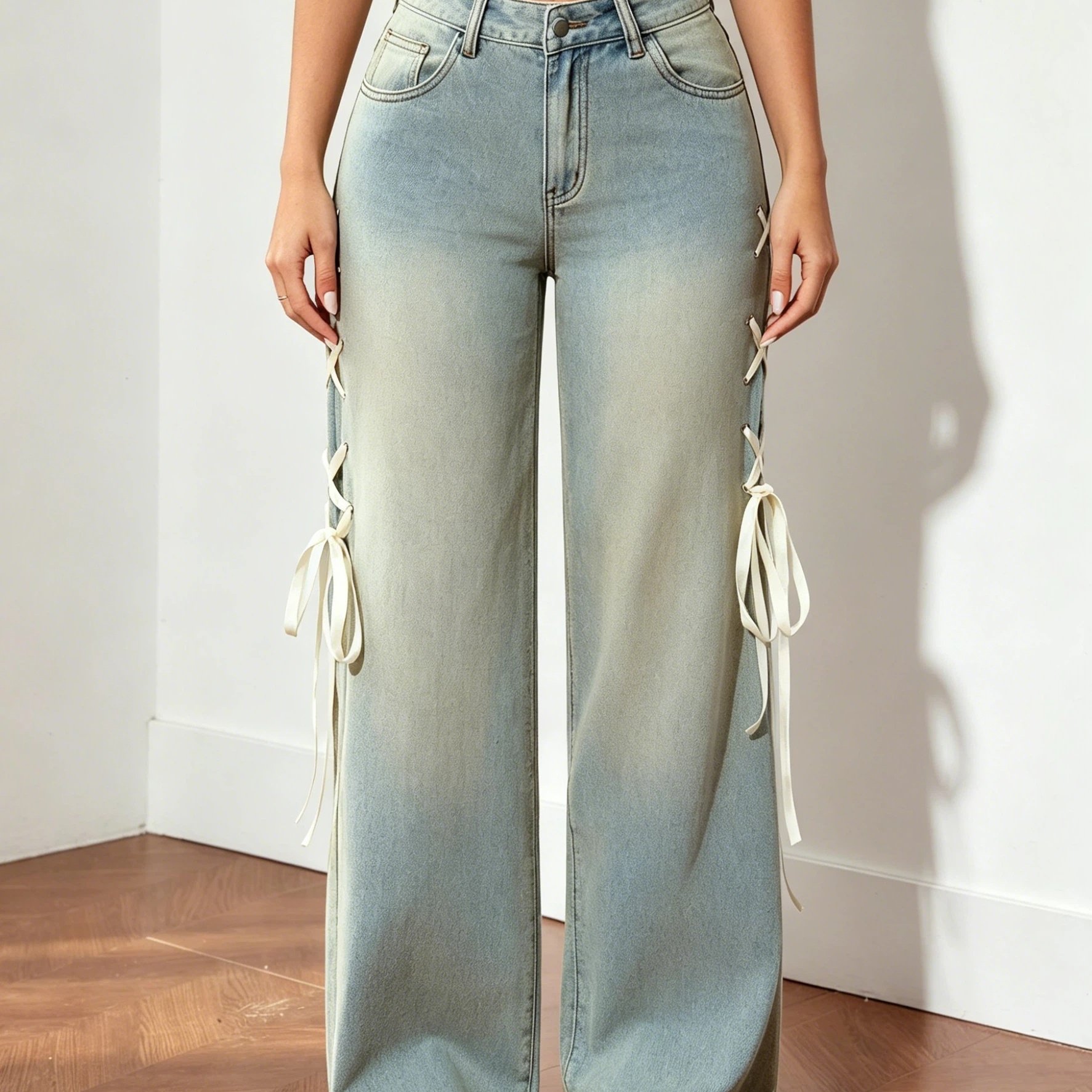 TEMU Women's Fashion Straight-leg Jeans High-waisted Relaxed-fit Washed Stretch Denim Pants Casual Wide-leg Trousers Trendy Y2k Street Style