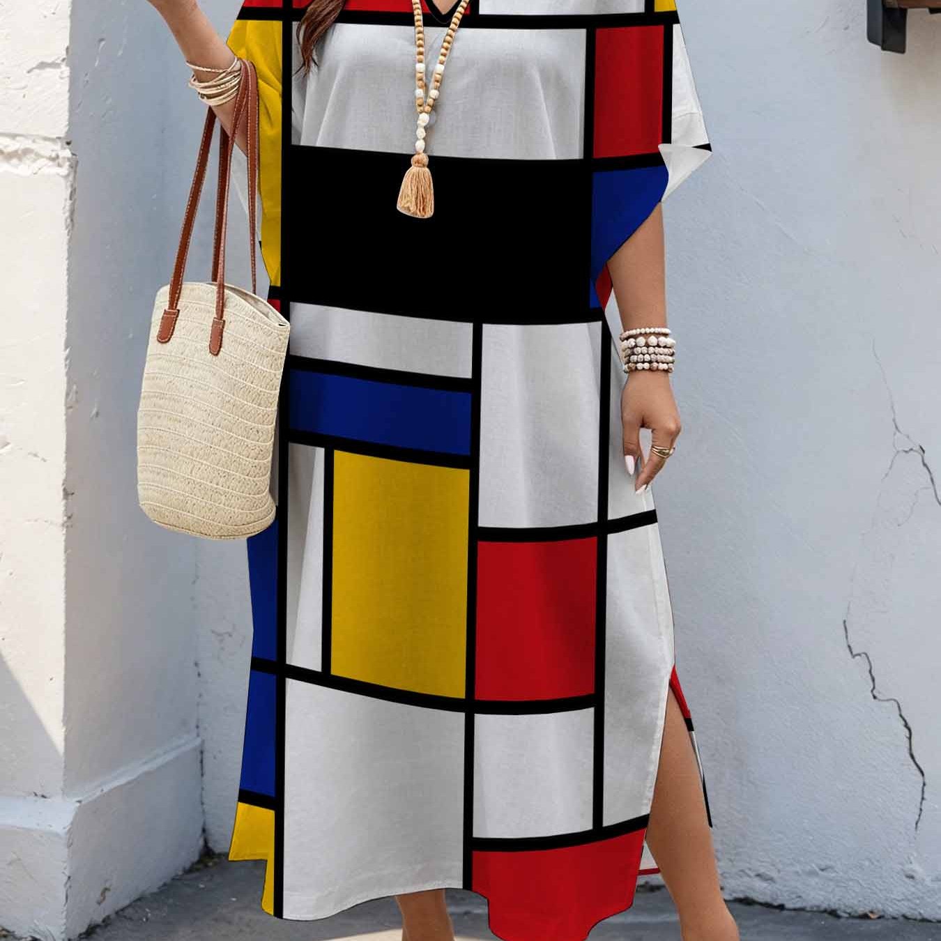 Image of Plus Size, Plus Size Women's 08xl Art, Geometric Color Block Print Maxi Dress, Batwing Sleeve Dress With Double Side Slits, Loose Casual Summer Dress For Curvy Women