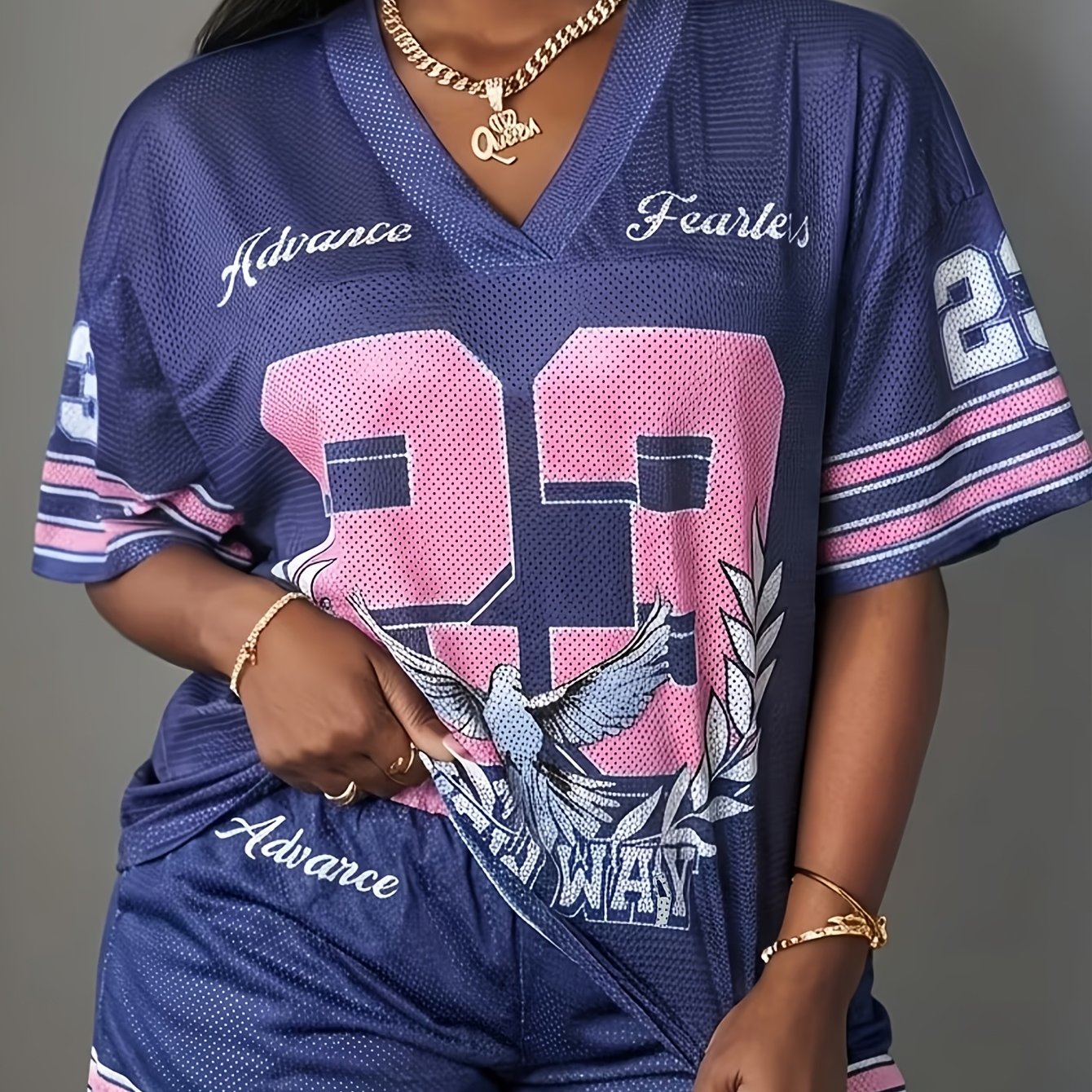 TEMU 2pcs Women' 2pcs Streetwear Outfit - -neck Short Sleeve Top & High-waist Shorts Matching Suit, Semi-sheer Mesh Lettering & Number 23 Print With