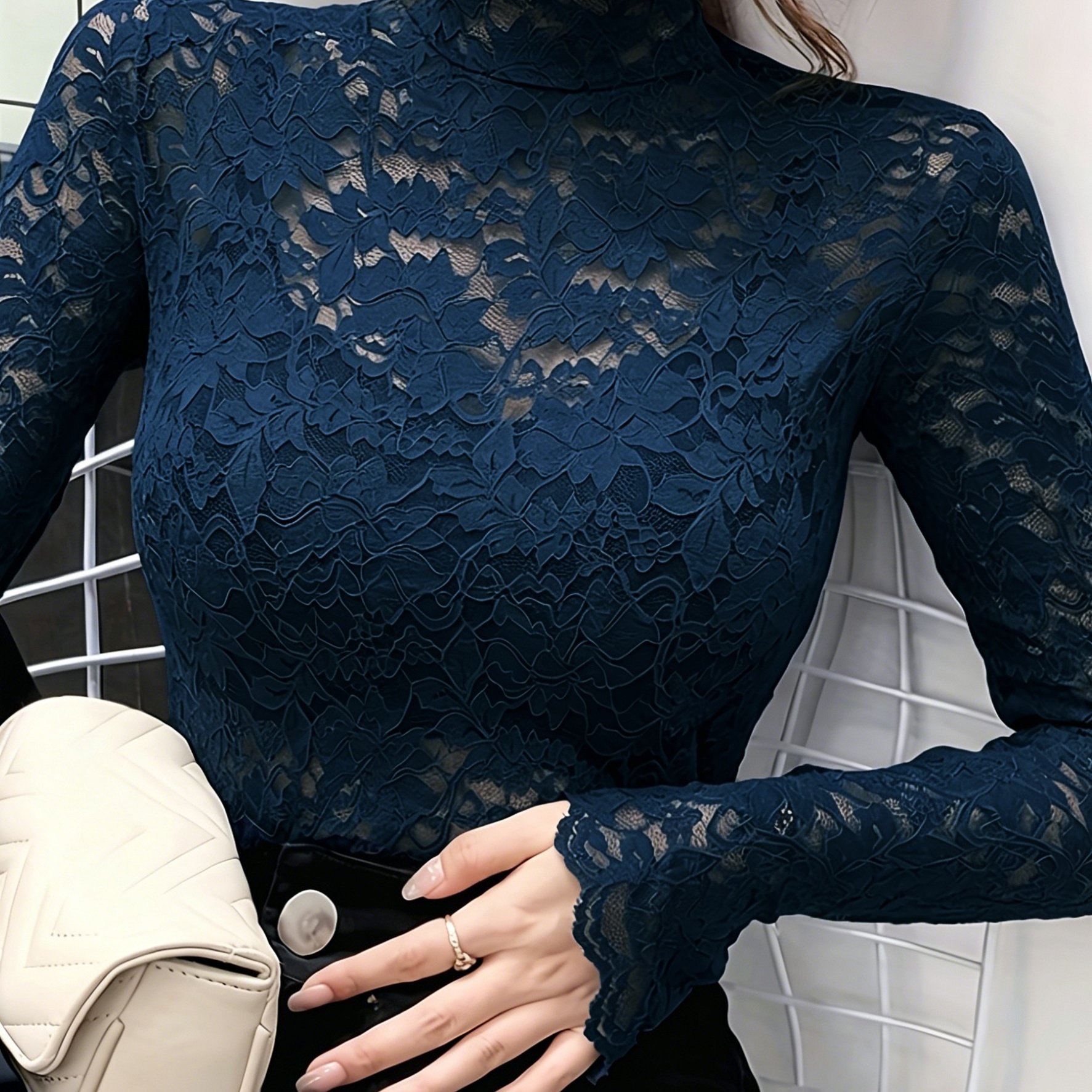 TEMU Lace Mock Neck Slim Top, Sexy Long Sleeve Top For Spring & Fall, Women's Clothing