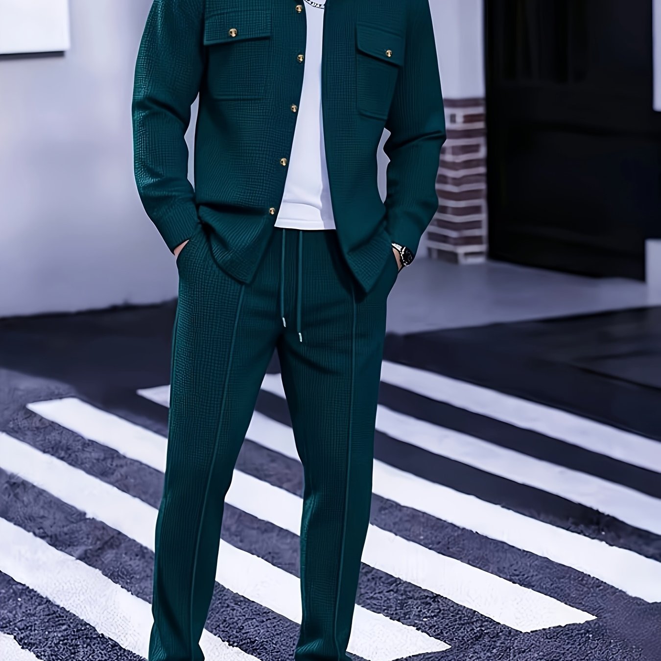 TEMU Men's New Waffle Solid Color Cardigan Shirt Long Sleeved Pants Men's Casual Suit Elegante