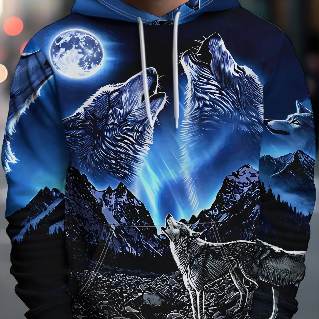 TEMU Men's Fleece Hoodie Featuring A Stylish -the-dark Wolf Howl Print, Versatile For Casual Sports And Machine Washable, Wear