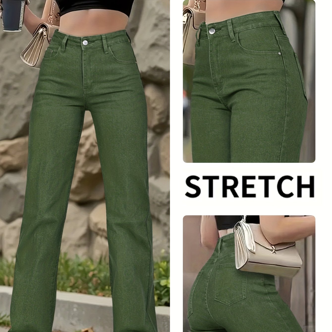 Army Green Straight-leg Jeans With High-waist -lifting Design, Street Style Casual Pants, Comfortable For Long Sitting