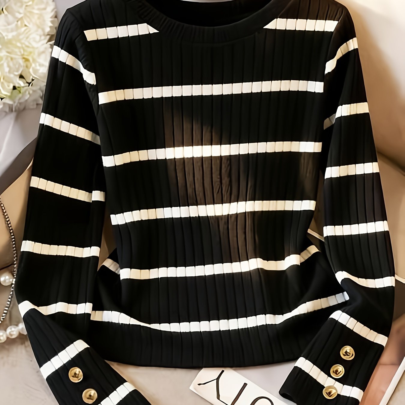 TEMU New Elegant Round-neck Sweater, Casual Color-block Stripes, Minimalist Fashion Top
