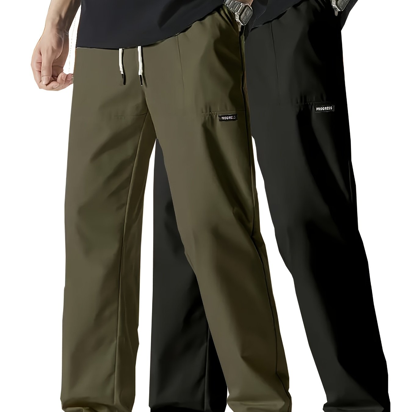 TEMU 2pcs Men's Casual Pants With Drawstring Waist, Loose Fit, Solid Color (black & Gray), Wear For Hiking, Fishing, And Camping
