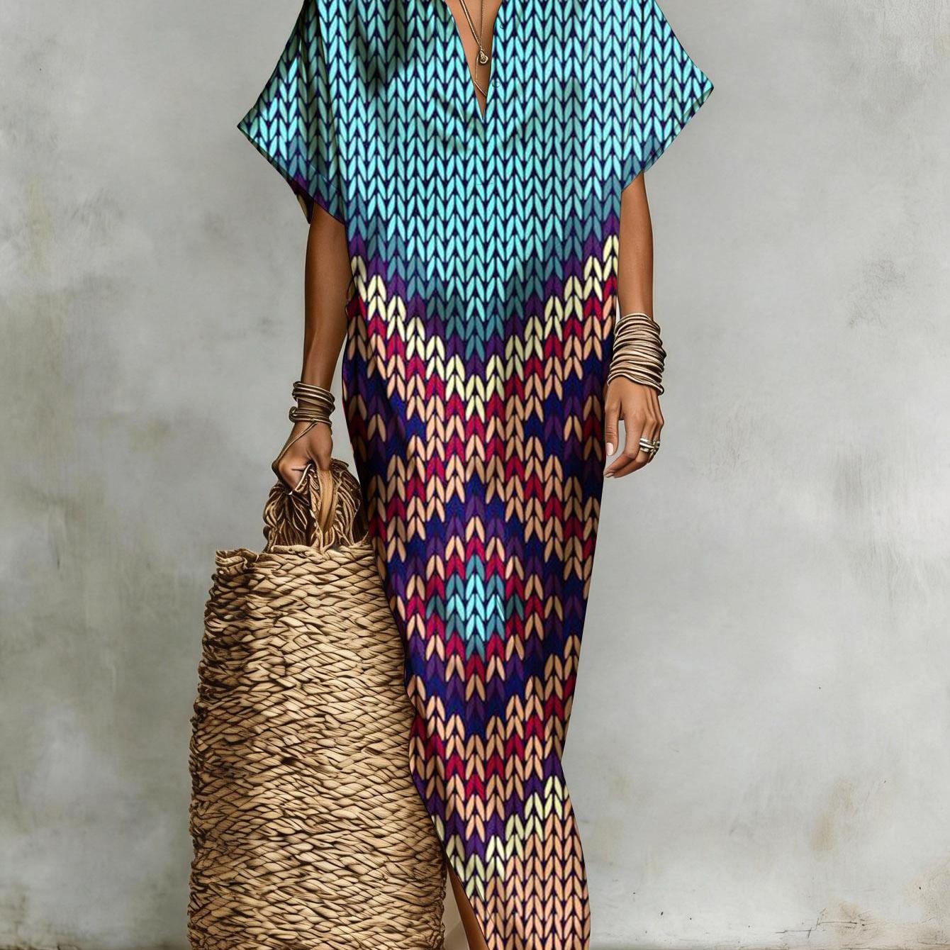 Image of Summer Breathable Women Short Sleeve Dress Loose Shirt Trendy Boho Maxi Dress