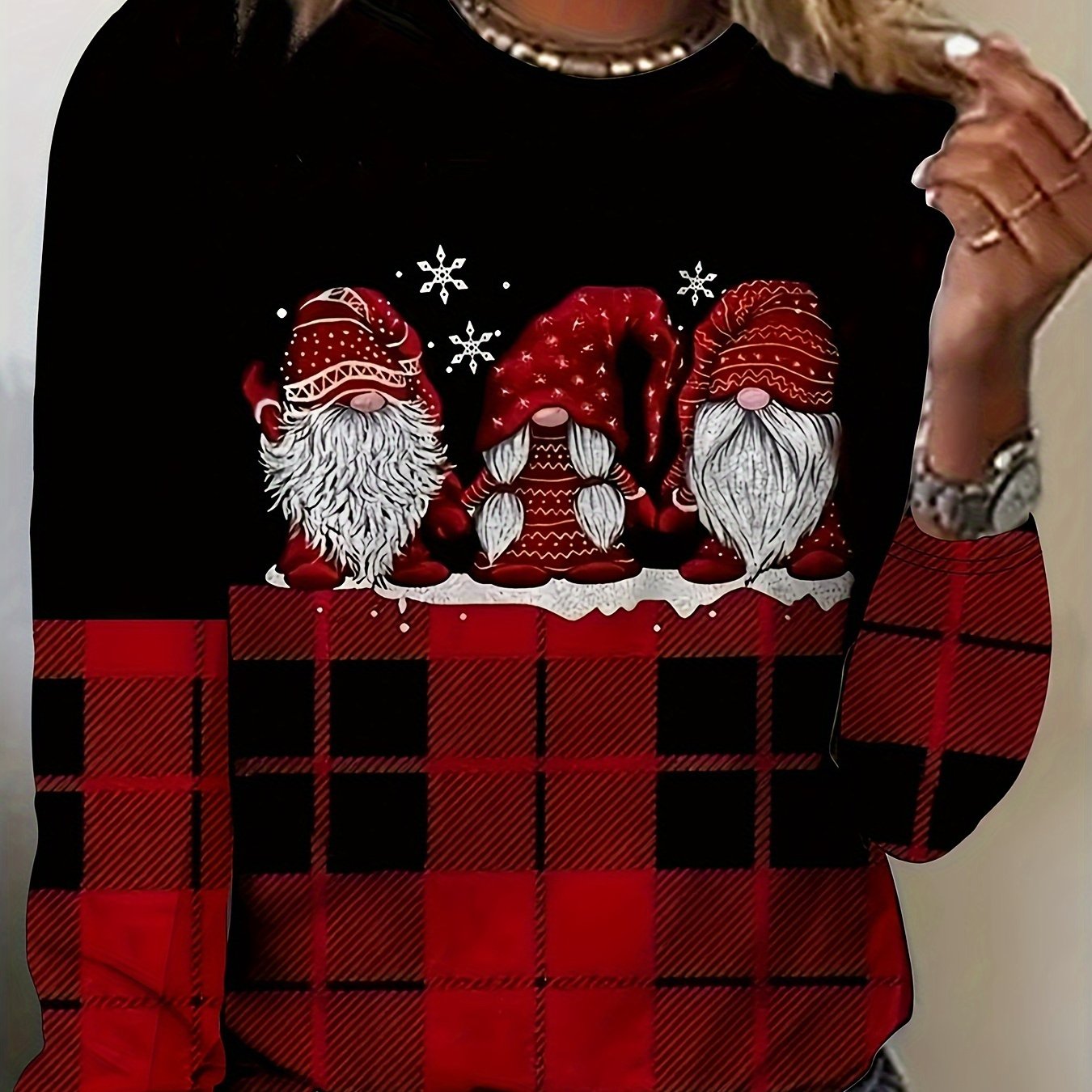 

Plus Size Christmas Gnomes Print Long Sleeve T-shirt - Casual Polyester Crew Neck Top With Slight Stretch, Geometric Pattern For Spring/fall