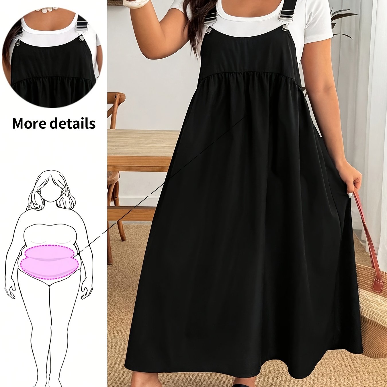 TEMU Plus Size, Plus Size Adjustable Strap Midi Dress With Pockets, Sleeveless Loose A-line Babydoll Dress, Casual Vacation Suspender Dress, Inner