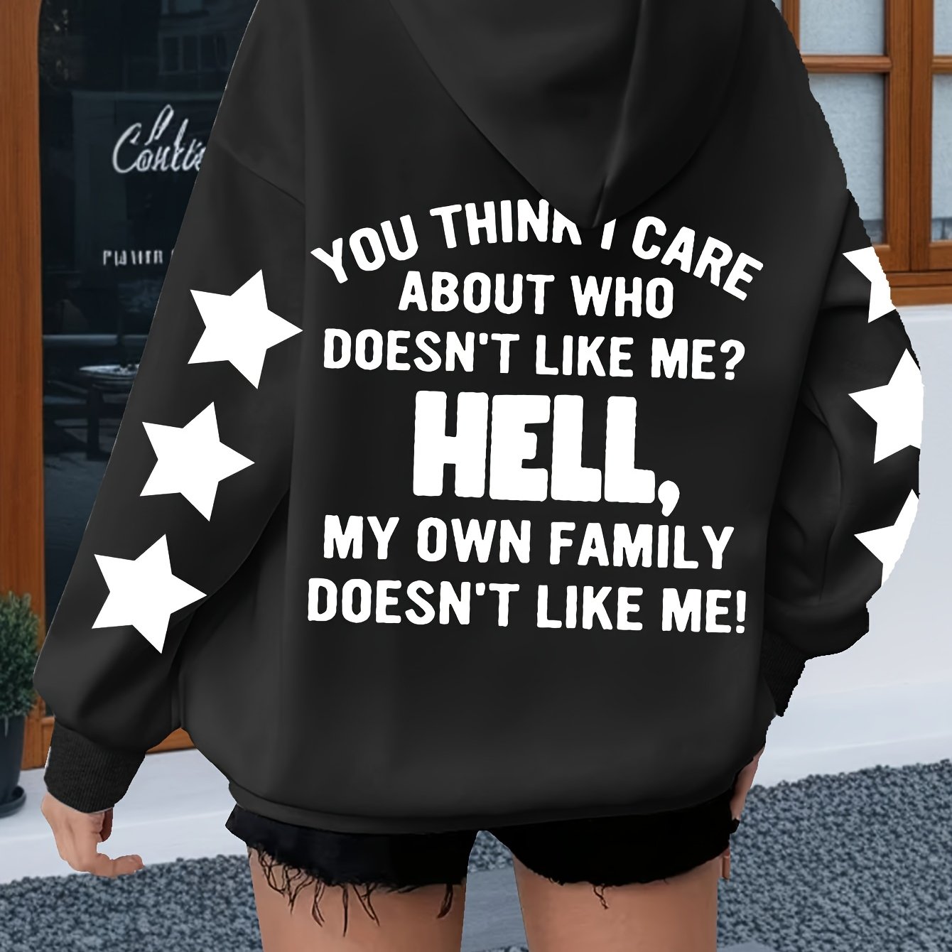 TEMU Plus Size - Retro Rugged Distressed Fun Self-deprecating English Print Plus Size Women's Clothing Hooded Sweatshirt You Poison Chicken Soup