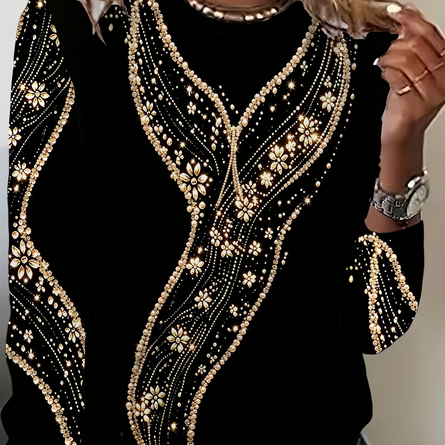 TEMU Dames top met lange mouwen en 2D platte print, geen driedimensionale textuur. Met een zwarte basiskleur gecombineerd met goudkleurige