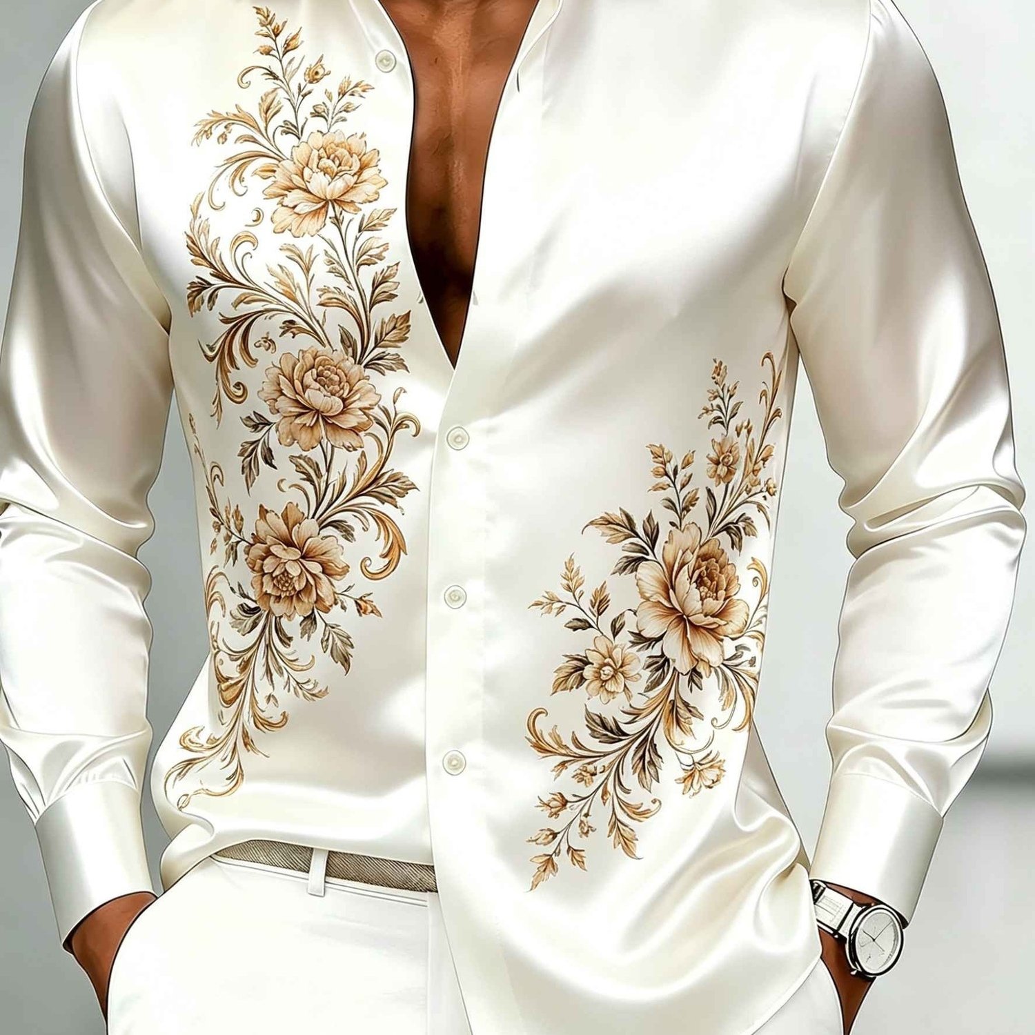 Image of Men' Floral Embroidered Long Sleeve Shirt Elegant Streetwear Fashion Casual And Urban Style
