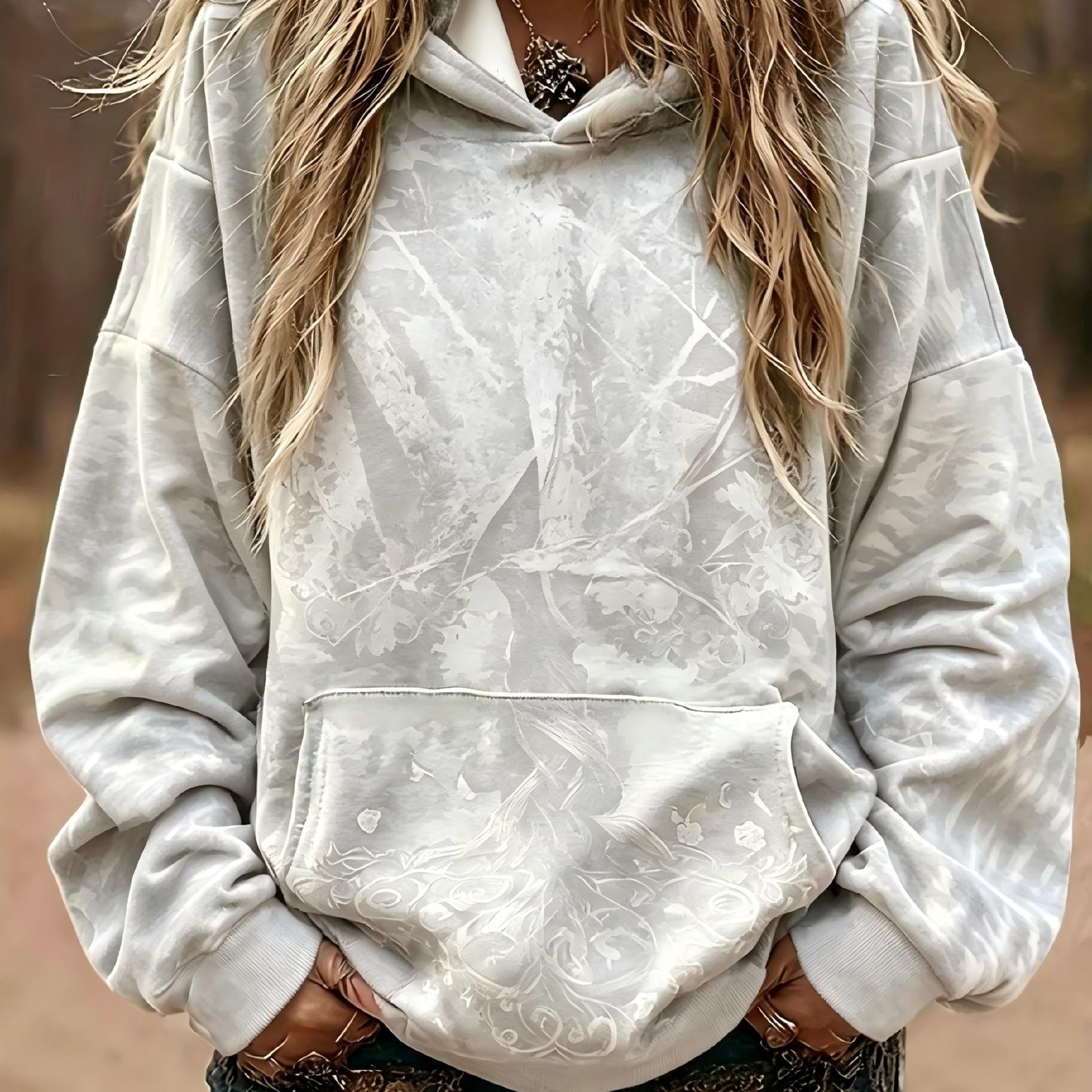 TEMU Women's Vintage Camouflage Leaf Print Hooded Sweatshirt, Loose Oversized Basic Long Sleeve Tops, Stylish Fall Winter Street Hot Outfits, Women's
