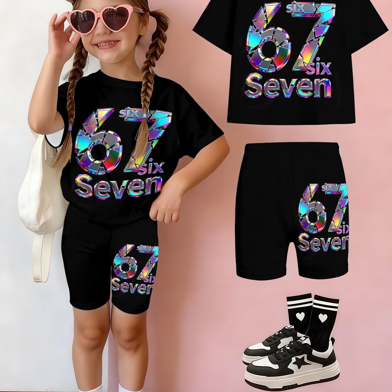 Girls' T-shirt And Shorts Set, Featuring A Cartoon Short-sleeve And Printed Design, Perfect For Casual Streetwear, A Gift For Children, Suitable For Outdoor Use, Perfect For Outdoor