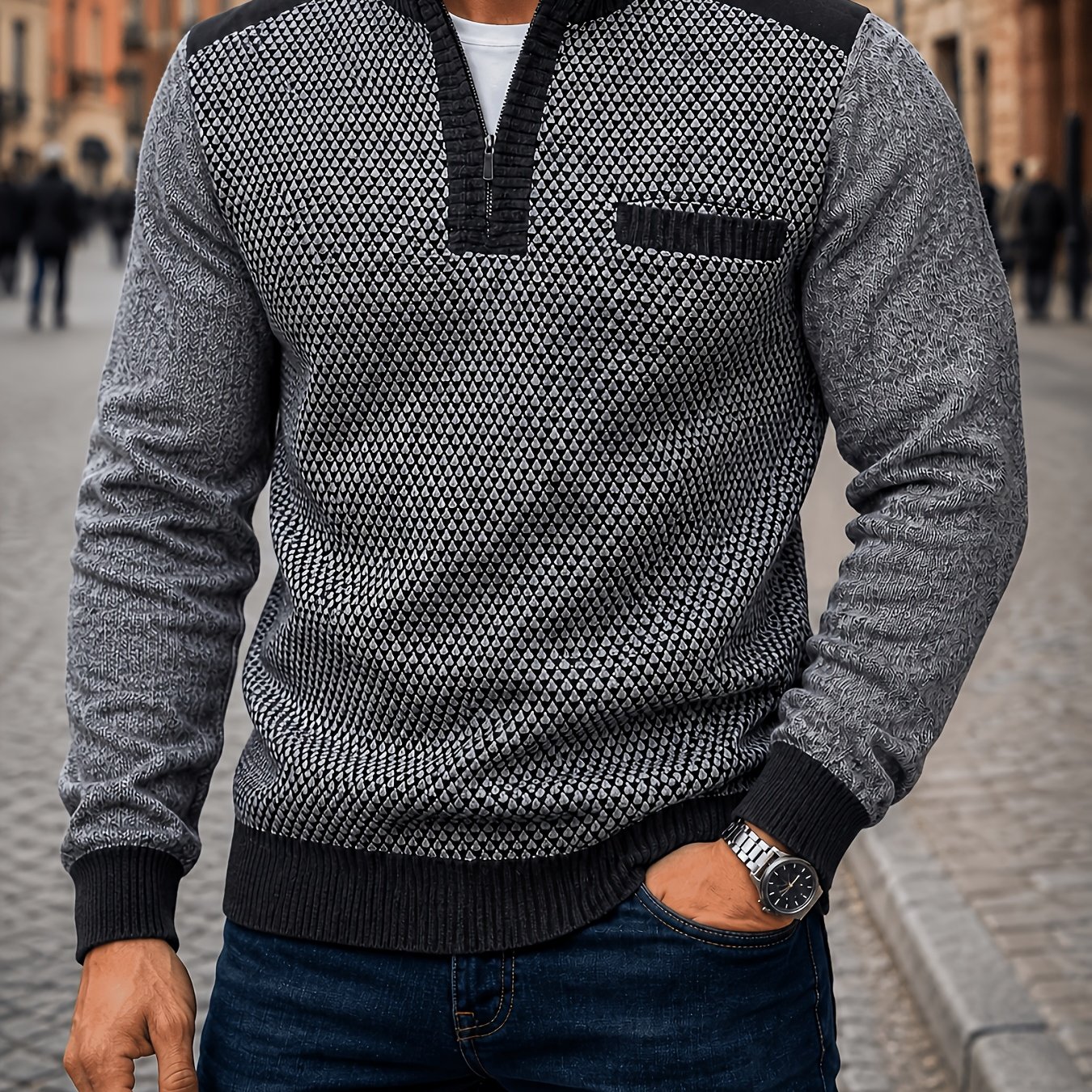 TEMU Pull en vintage à col et color-block pour homme, couche de base décontractée à demi-zip, sous-vêtement décontracté polyvalent pour les et