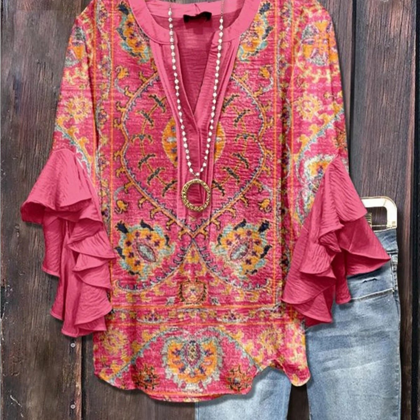 Plus Size - Plus Size - Plus Size Women's Turquoise V-neck Hawaiian Hibiscus Print Top With Collar, Machine Washable, Suitable For