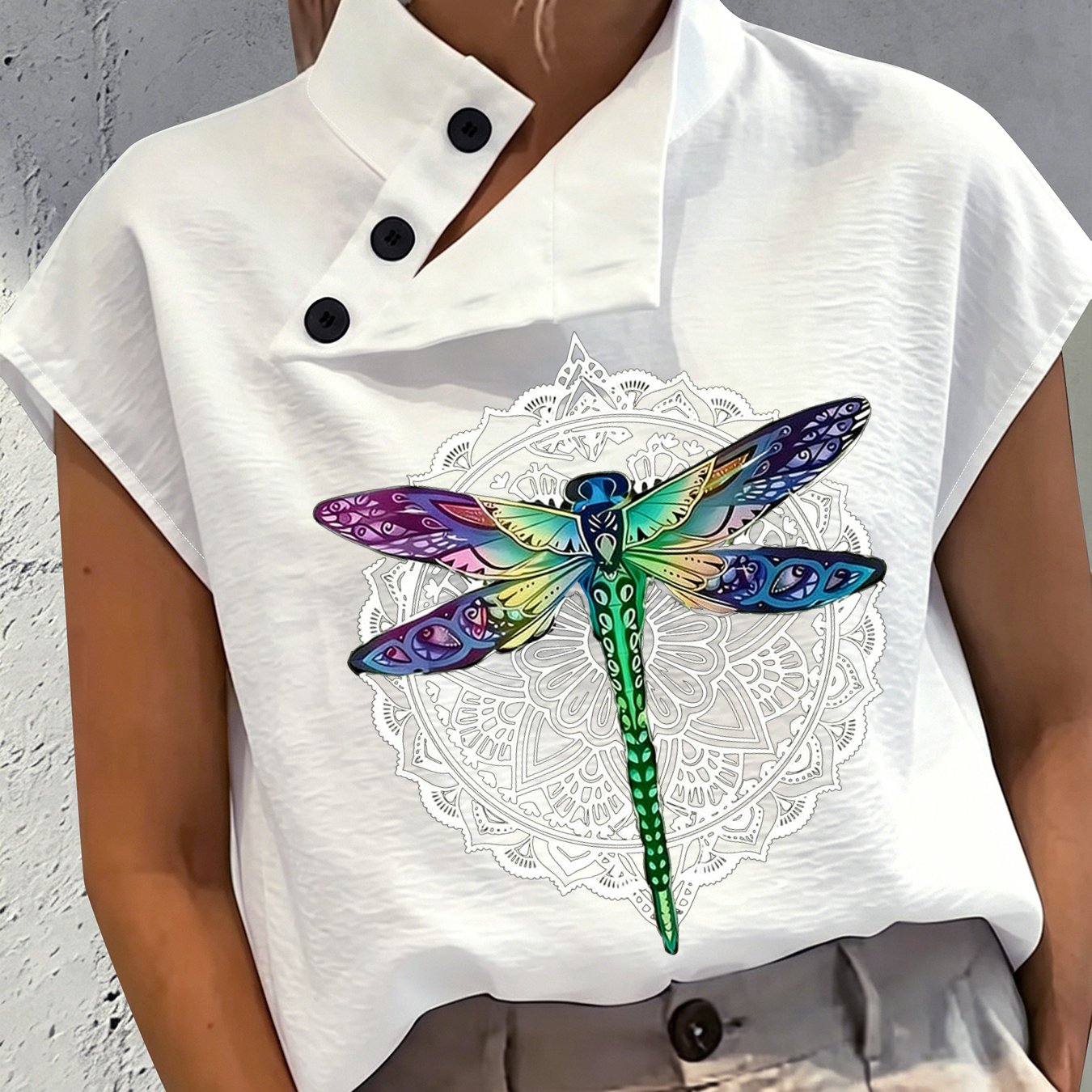 TEMU Casual, Comfortable, Elegant, And Chic Small Collar Buttonless Sleeveless Dragonfly Print White Shirt