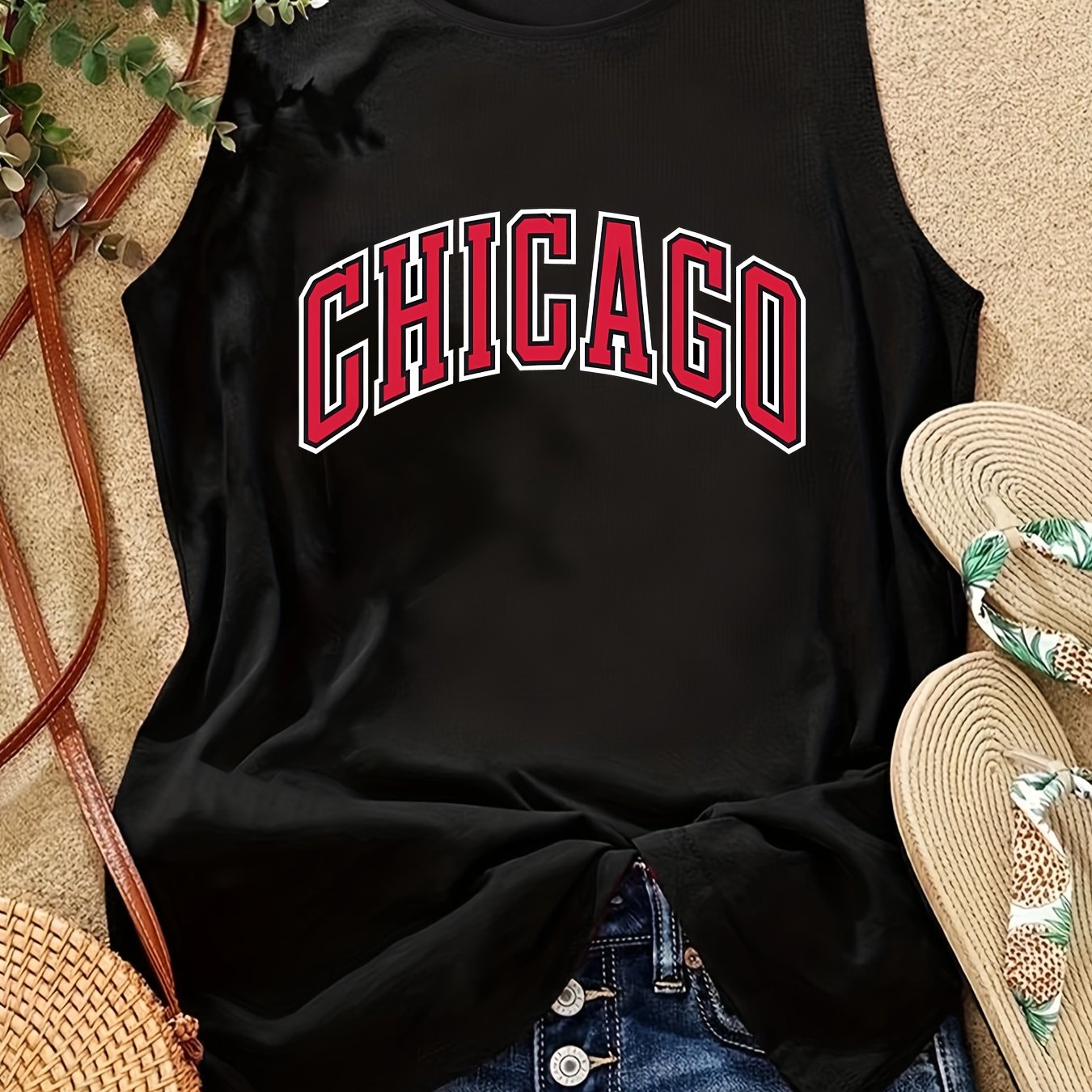 TEMU Chicago Letter Print Casual Vest Top, Round Neck Sleeveless Sports Vest T-shirt, Women's Comfy Tops